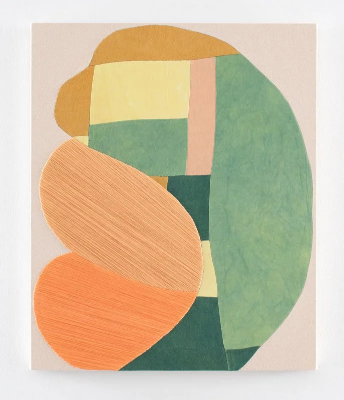 tucked in, 2025, Embroidery, hand-dyed fabric, and canvas, 27 x 22 inches