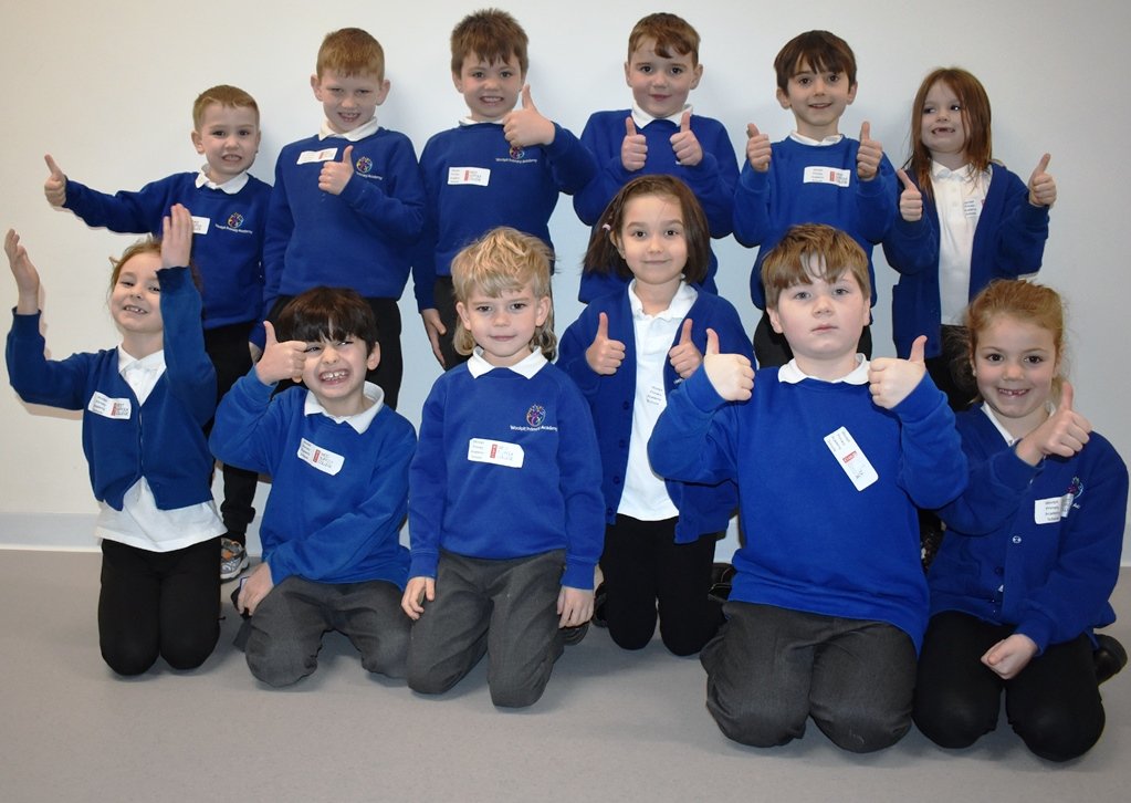 9 - thumbs up from Woolpit students.JPG