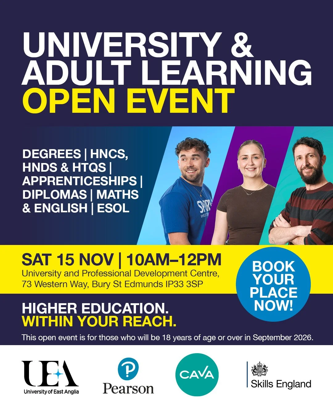 Get a University of East Anglia degree (Top 25 UK University) while staying close to your friends, family, and everything you love. 

Local study, lower costs, and your future within reach. 

Discover more at an Open Day on Saturday 15th November, 10