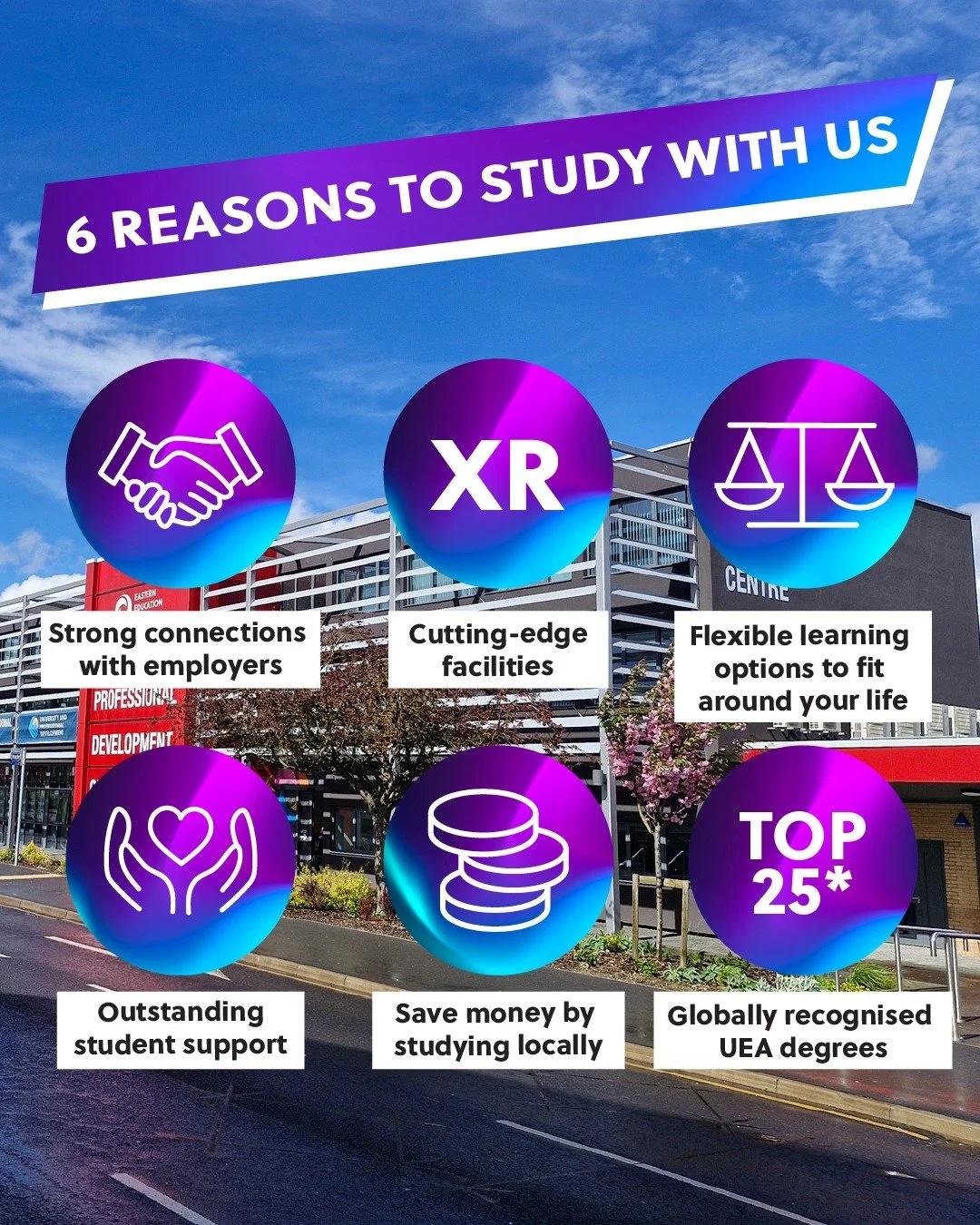 6 Reasons to Study at University Studies 🎓✨

🤝 Strong employer connections
Our courses are built around real-world briefs, industry talks and career-focused pathways - including Apprenticeships.

🖥️ Cutting-edge facilities
Explore our Extended Rea