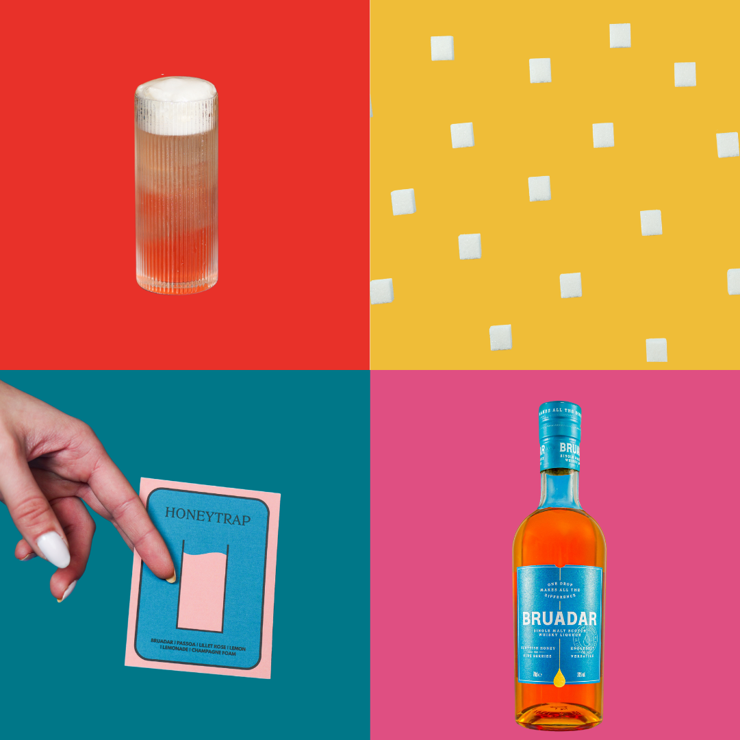 collage of four quadrants: top left shows a highball on red backgorund, top right has sugar cubes on yellow background, bottom left is a highball recipe card and bottom right is a bottle of bruadar on a teal background