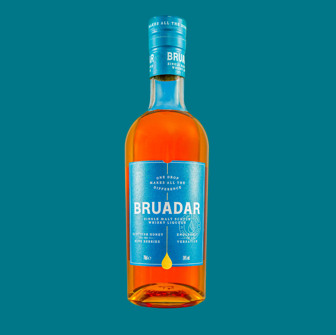 A  glass bottle of Bruadar single malt Scotch whisky with a blue label and teal cap, against a teal background.