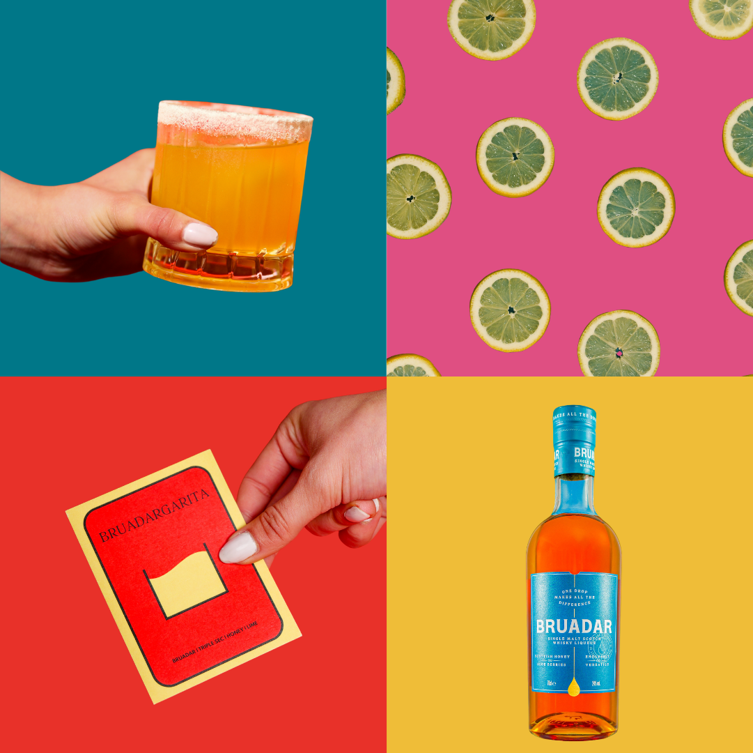 A collage with four sections: a hand holding a glass of whiskey on a teal background, sliced lime rounds on a pink background, a hand pointing to a red and yellow card labeled 'BRUADARGARITA' on a red background, and a bottle of Bruadar whisky on a y