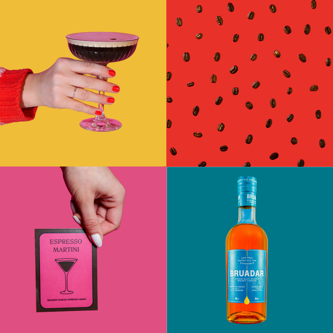 A collage divided into four colored quadrants. Top left shows a hand holding a pink cocktail glass with a dark purple drink against a yellow background. Top right features scattered coffee beans on a red background. Bottom left depicts a hand holding
