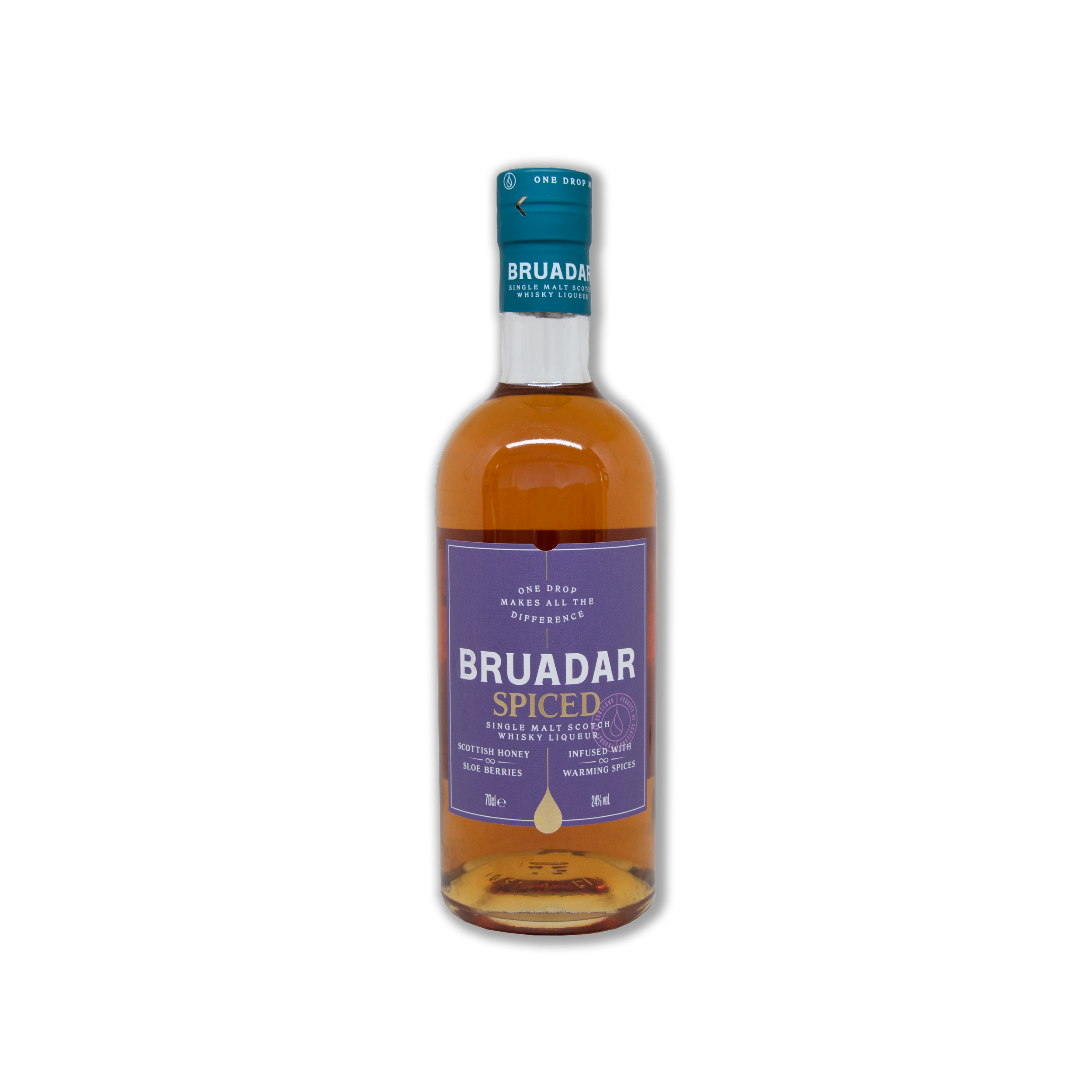 Bottle of Bruadar Spiced Single Malt Scotch Whisky Liqueur with a purple label and gold accents