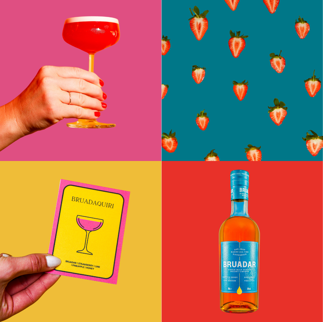 A collage with four sections: top left shows a hand holding a cocktail glass with a pink background; top right features a pattern of strawberries on a teal background; bottom left displays a hand holding a pink and yellow card with a cocktail illustr