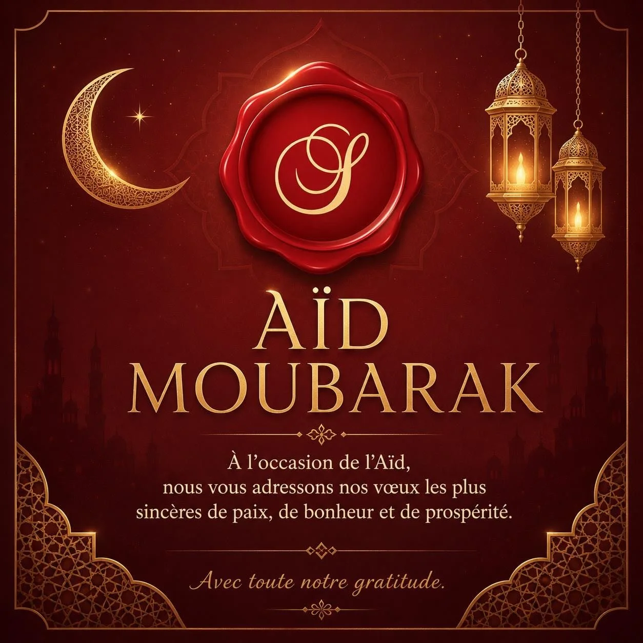 &Agrave; l&rsquo;occasion de l&rsquo;Eid, nous tenons &agrave; vous adresser nos meilleurs v&oelig;ux de bonheur, de partage et de paix.
Que cette f&ecirc;te soit remplie de moments chaleureux, entour&eacute;s de ceux que vous aimez.
Eid Moubarak &ag