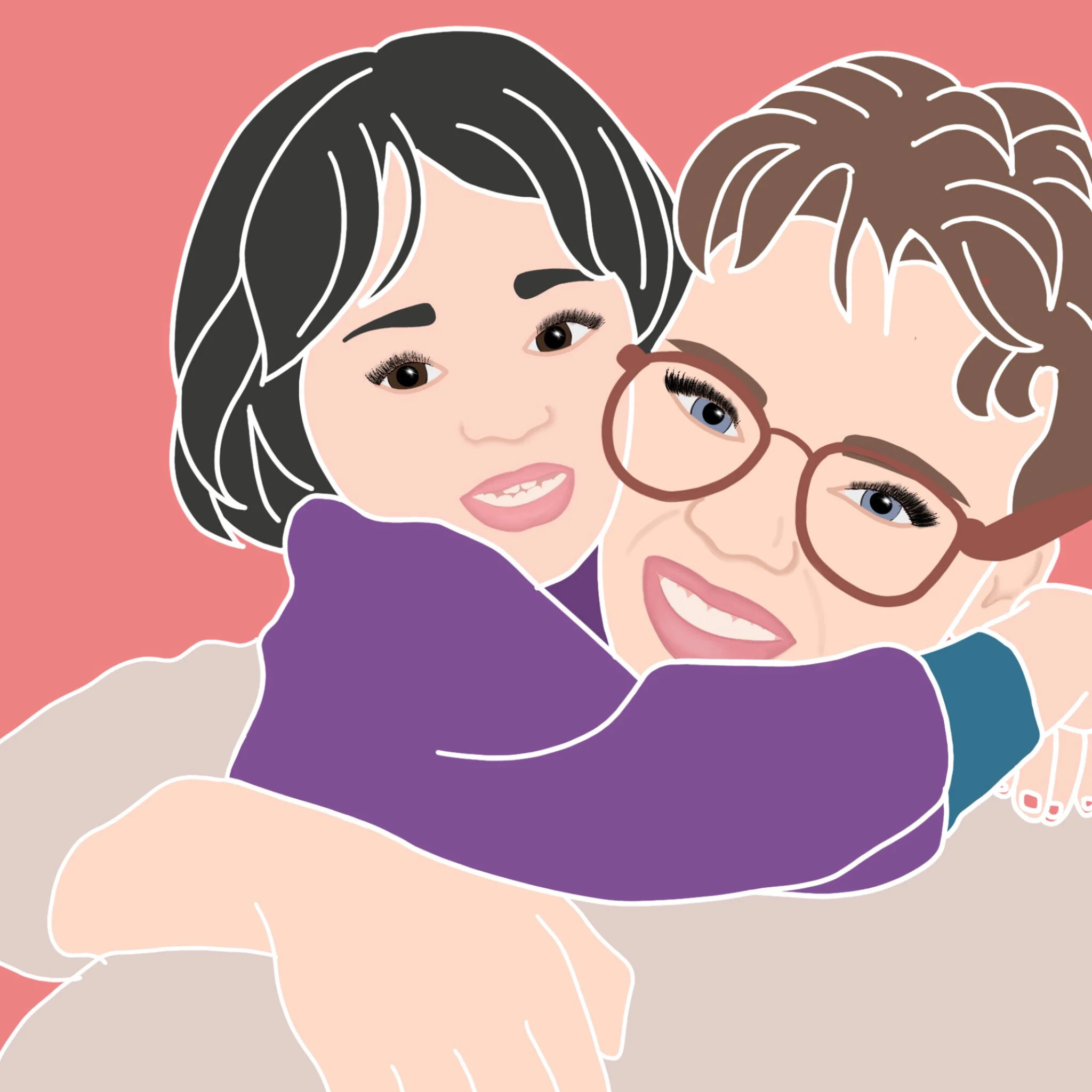 Digital illustration of two women with glasses, one with short black hair and the other with curly brown hair, smiling against a pink background.