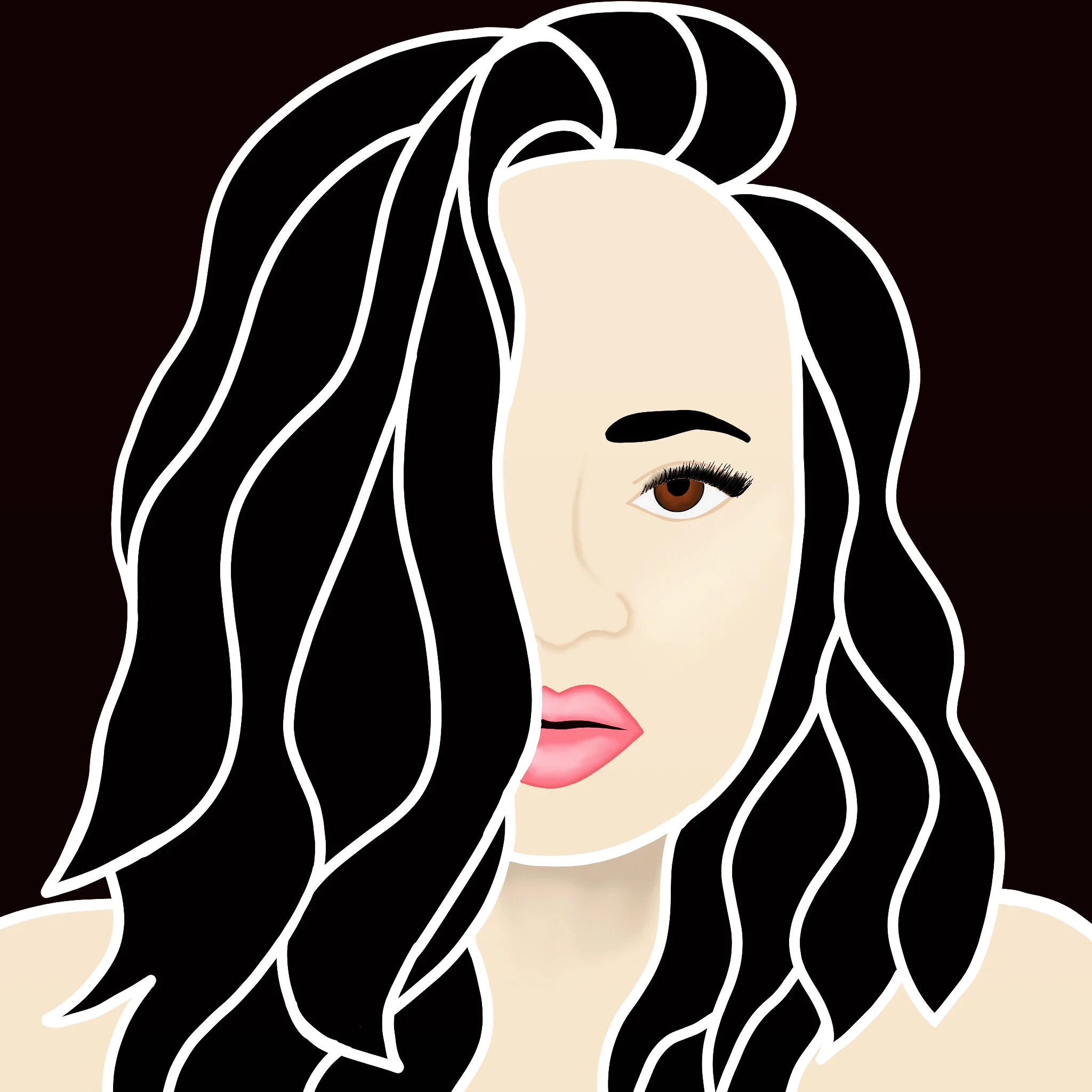 Digital illustration of a woman with long black hair, brown eyes, and light skin, with pink lips, set against a dark background.