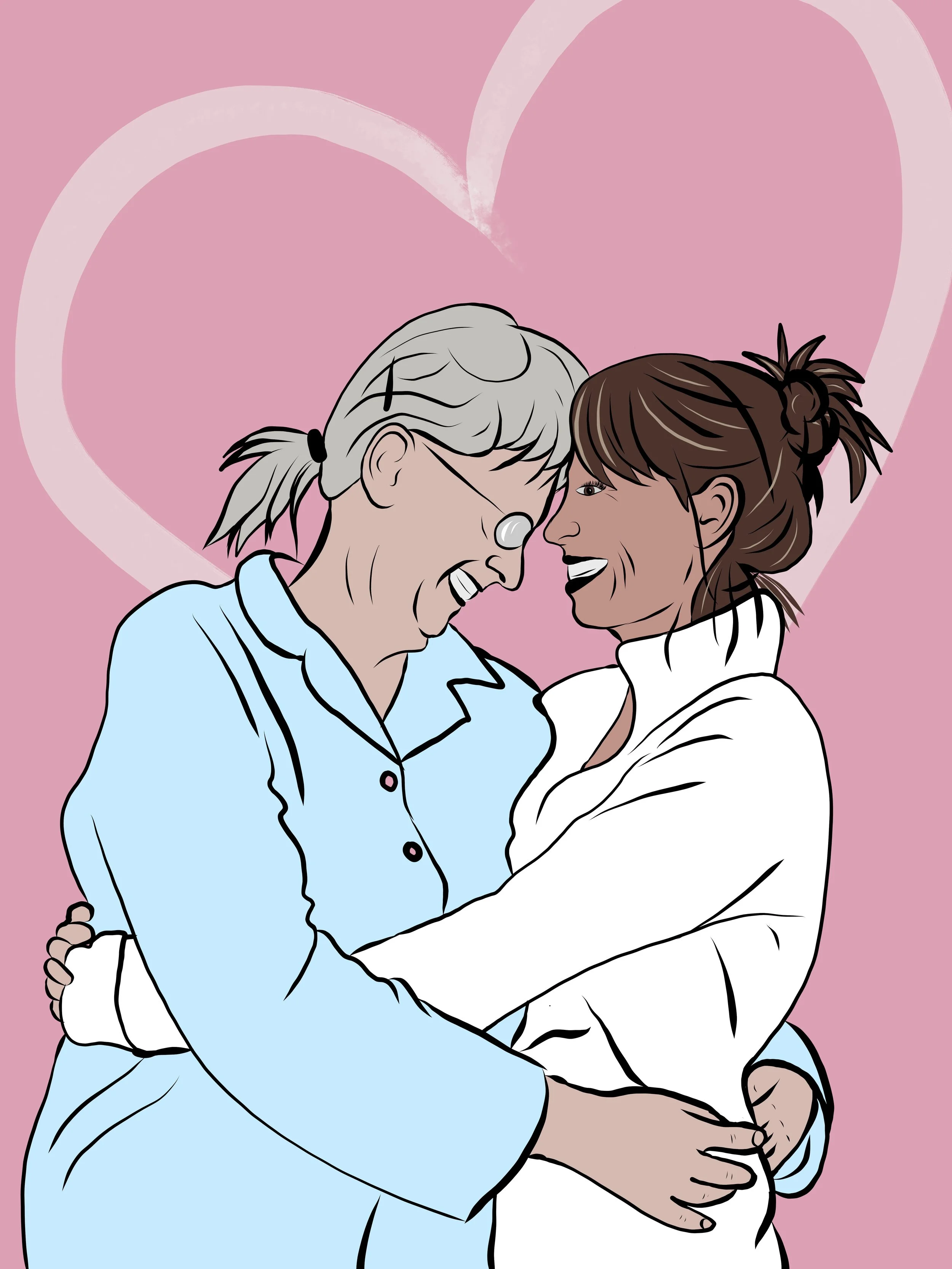An elderly woman and a young woman embracing and smiling at each other, with a pink heart background.