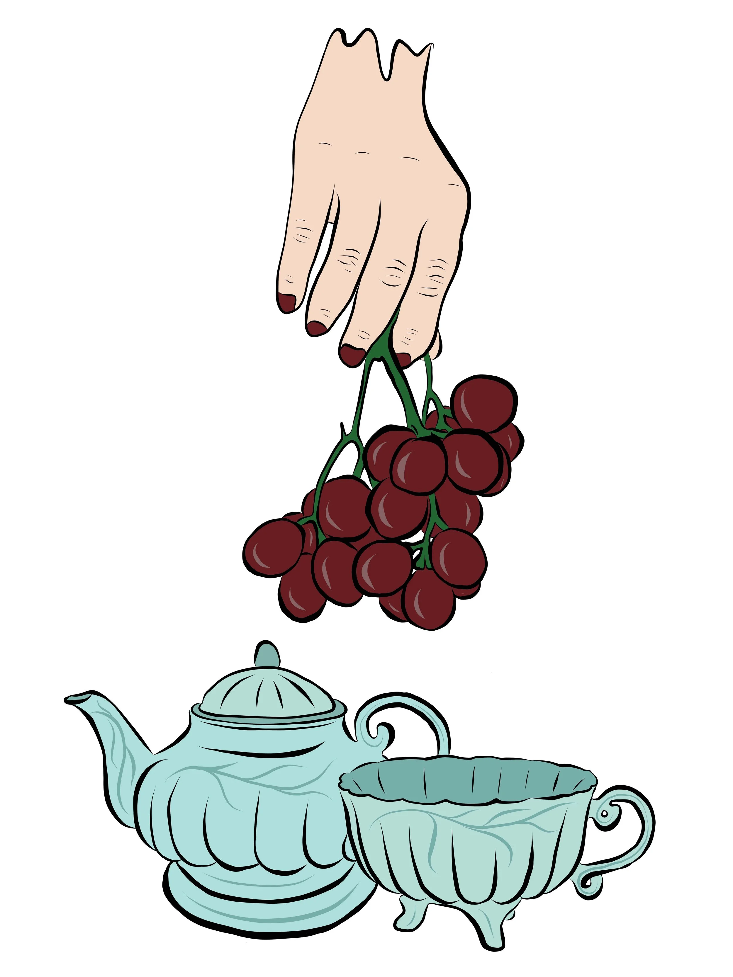Illustration of a hand with a red painted fingernail holding a bunch of red grapes above a teapot and teacup.