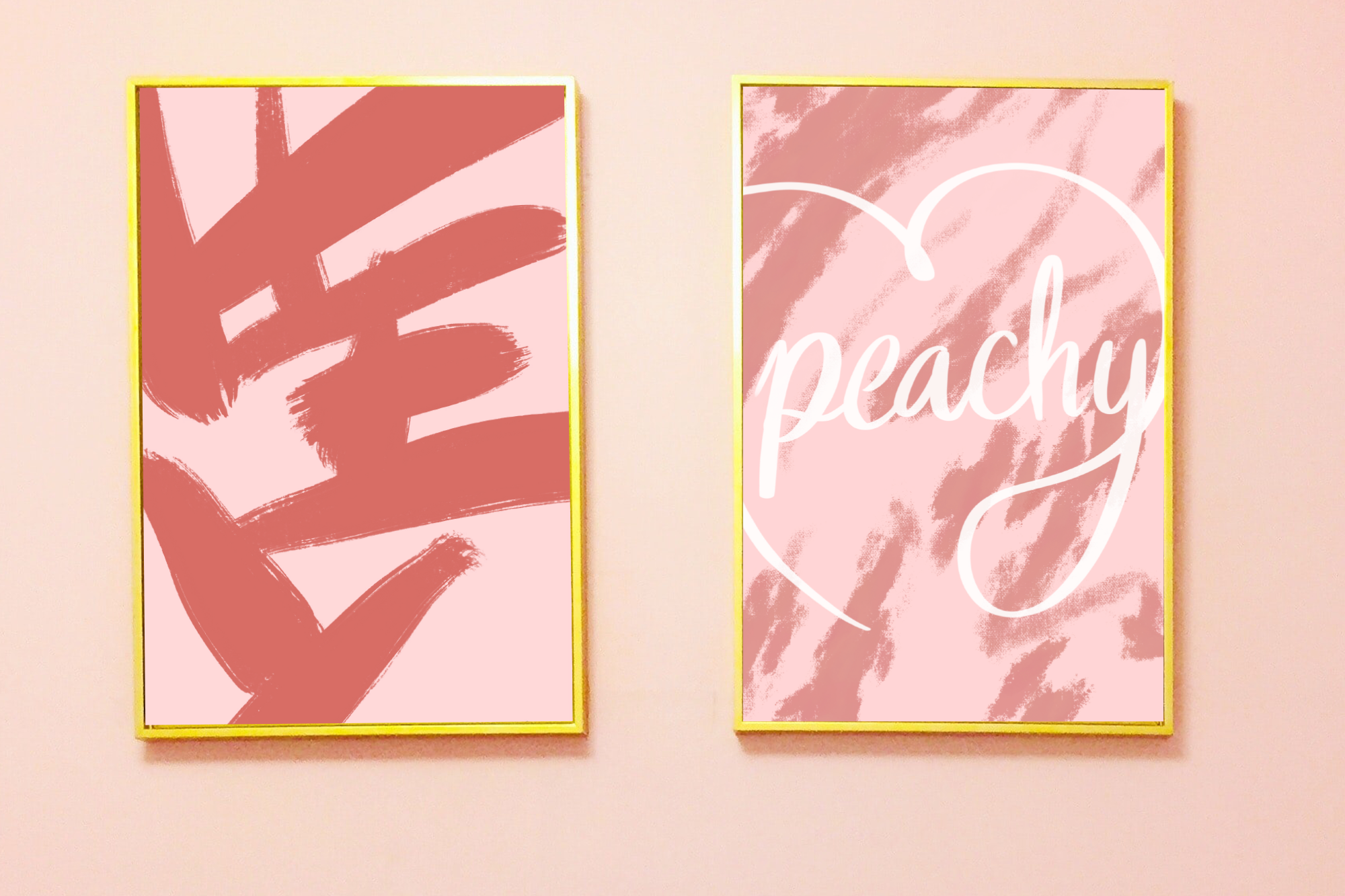 Two paintings with pink backgrounds, the left with abstract red brushstrokes, the right with the words "peachy" in white cursive inside a white peach outline.