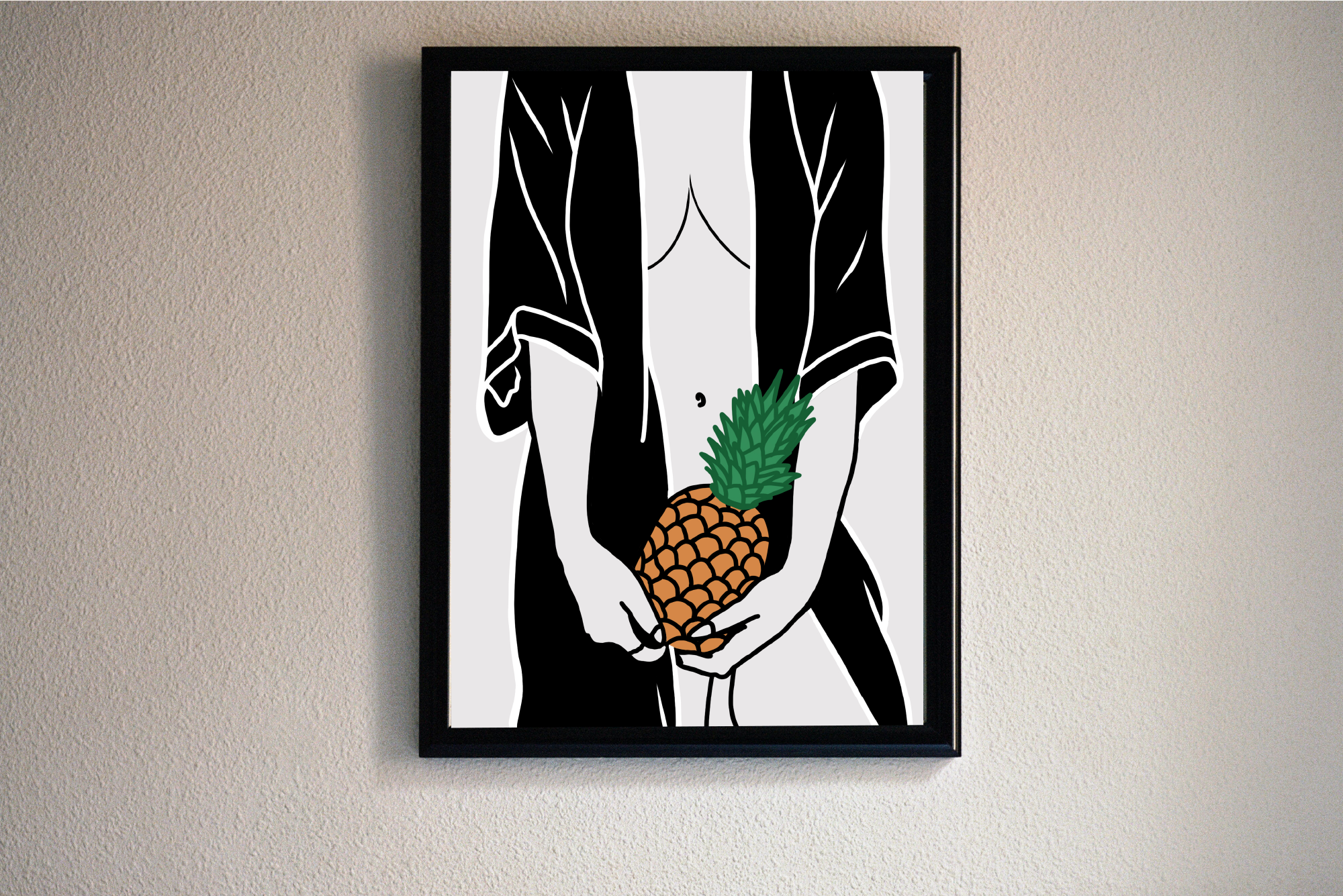 Framed artwork of a black and white abstract drawing of a woman holding a pineapple, hung on a beige textured wall.