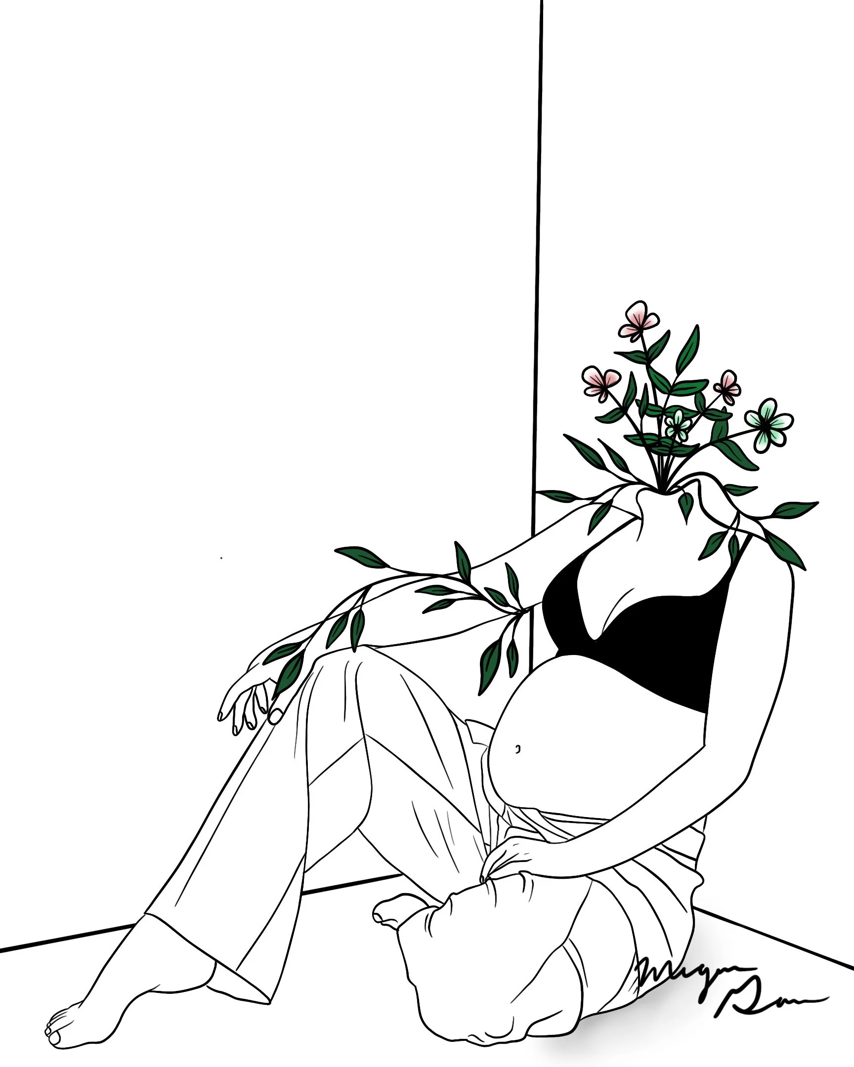 Line drawing of a person sitting cross-legged with a plant growing from their lap.