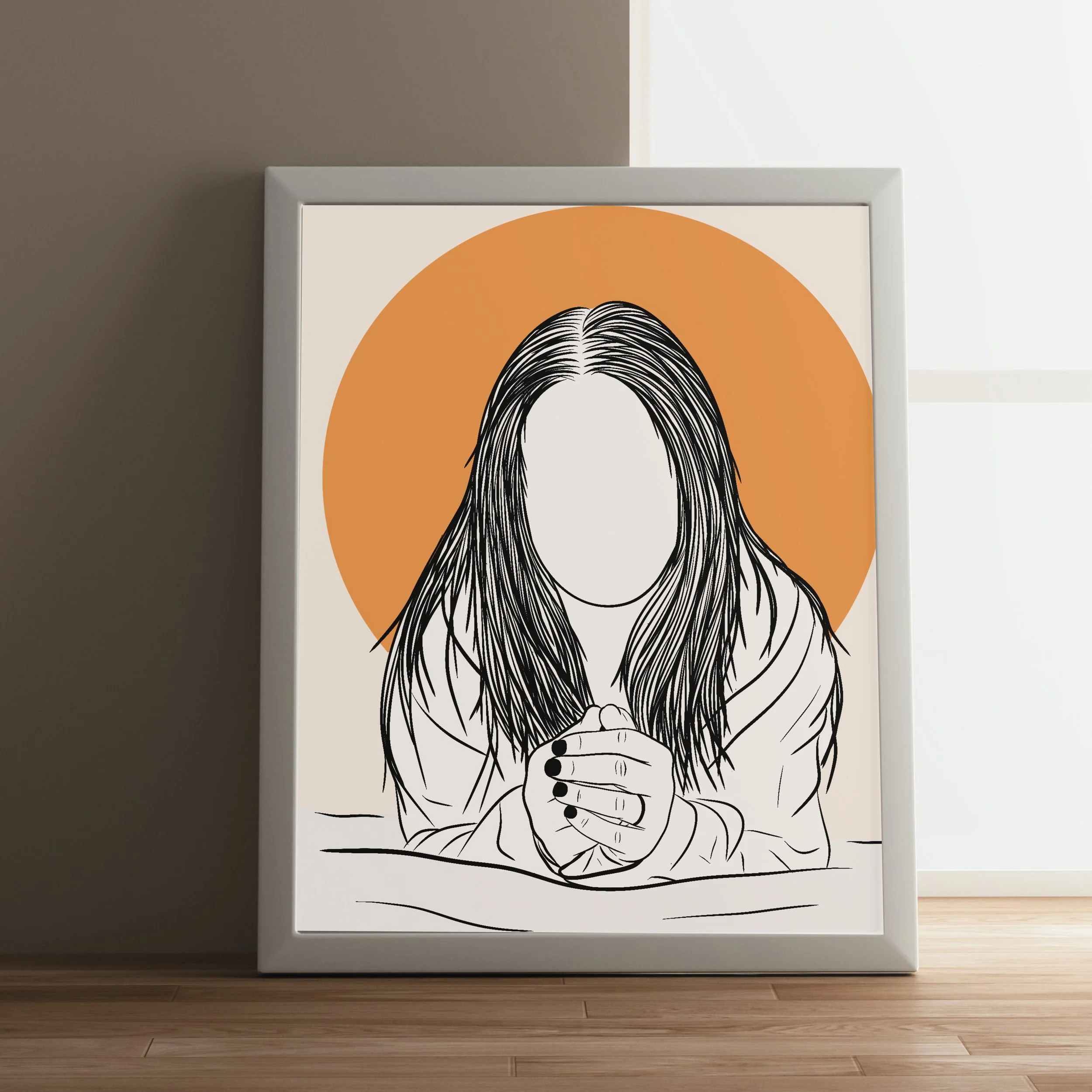 Framed black and white drawing of a woman with long hair and black nails, holding her chest in front of an orange oval background, leaning against a beige wall.