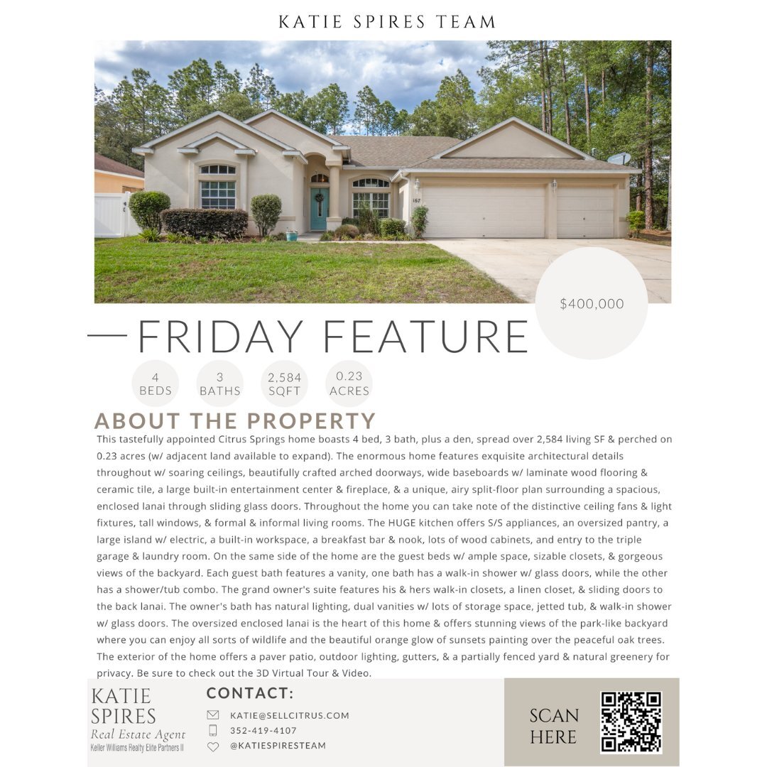 𝐅𝐞𝐚𝐭𝐮𝐫𝐞 𝐅𝐫𝐢𝐝𝐚𝐲🏠| This week's spotlight is on 167 E Imree Lane, Citrus Springs, Florida 34434. Check out this property today.

Quick details:
-&gt; 4 Bedrooms
-&gt; 3 Bathrooms
-&gt; Exquisite Architectural Details
-&gt; Arched Doorways
