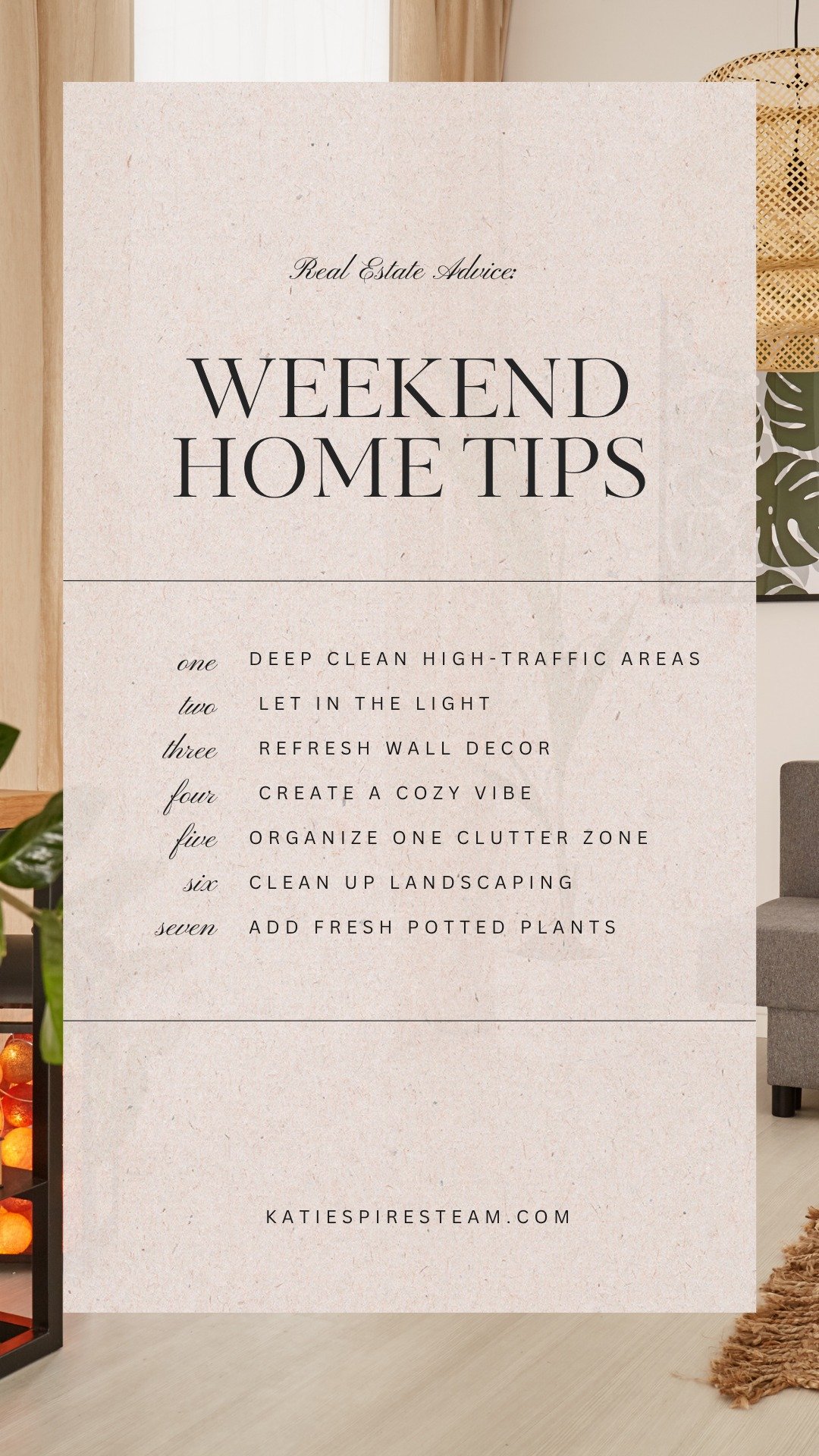 🏡✨ Weekend Home Refresh? I&rsquo;ve got you.
Here are a few easy wins you can knock out in a day &mdash; whether you&rsquo;re prepping to sell or just love a cozy, clean space:

🧽 Deep clean high-touch areas
🪟 Wash those windows (hello, natural li