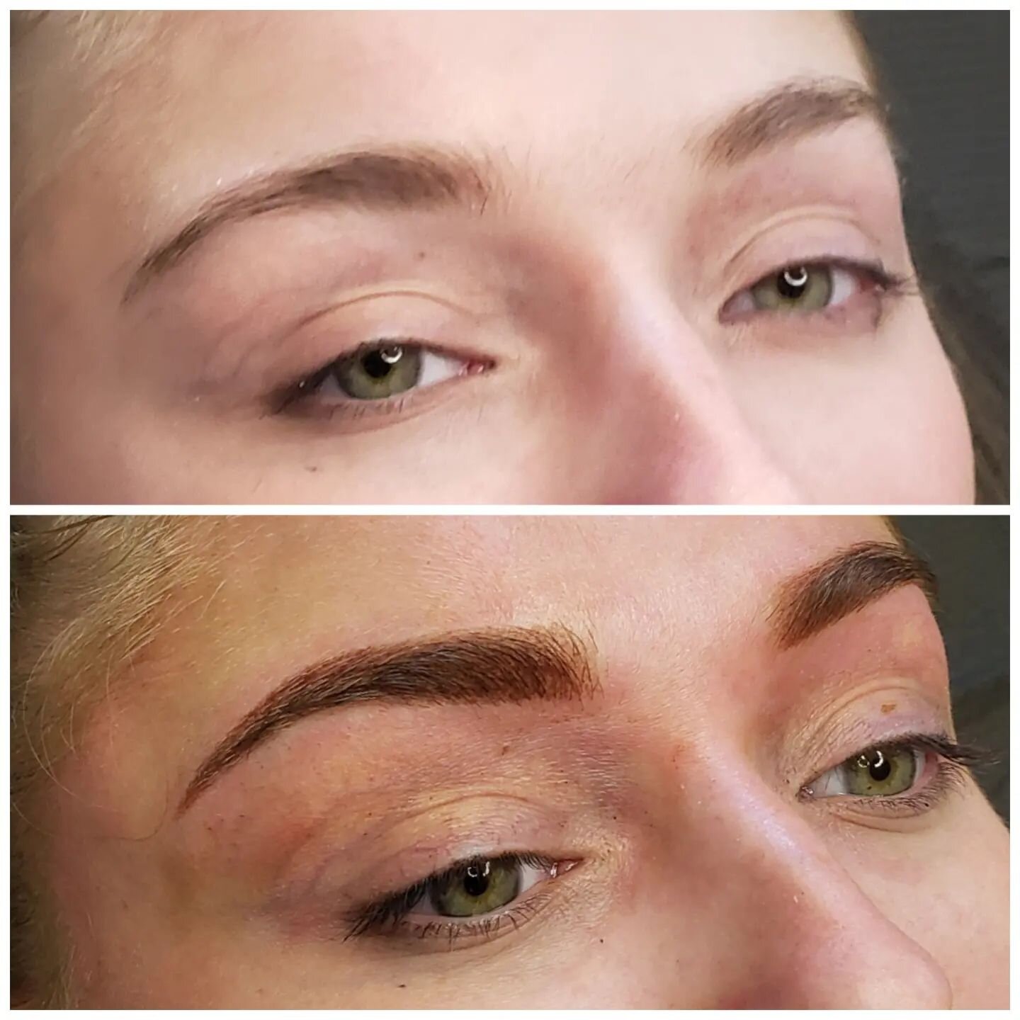 Powder brows were the way to go for this beauty! When you have a alot of brow growth and want color and definition of shape microshading, AKA powder brows are the way to go! 😍

This color will soften and neutralize (lose some of the warmth) as it he