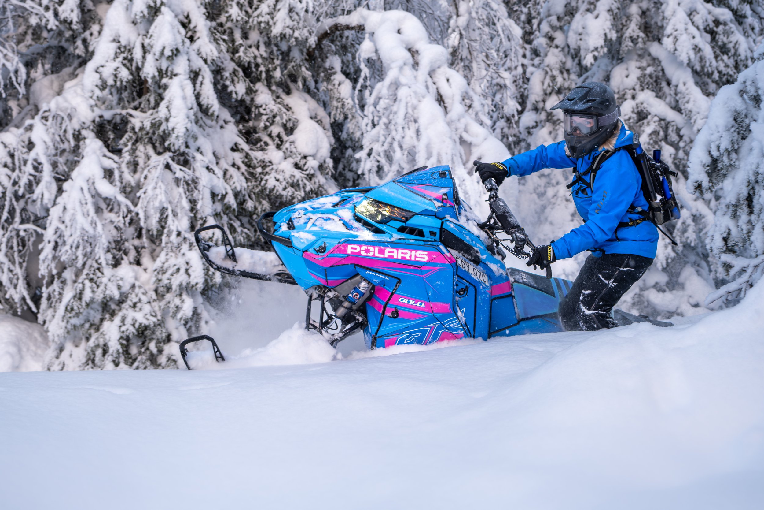 A person riding a snowmobile through snowy terrain with a forest of pine trees in the background during dusk or dawn.