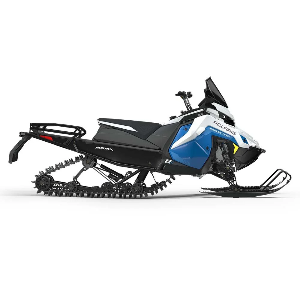 A Polaris snowmobile with a blue and white body and black accents.