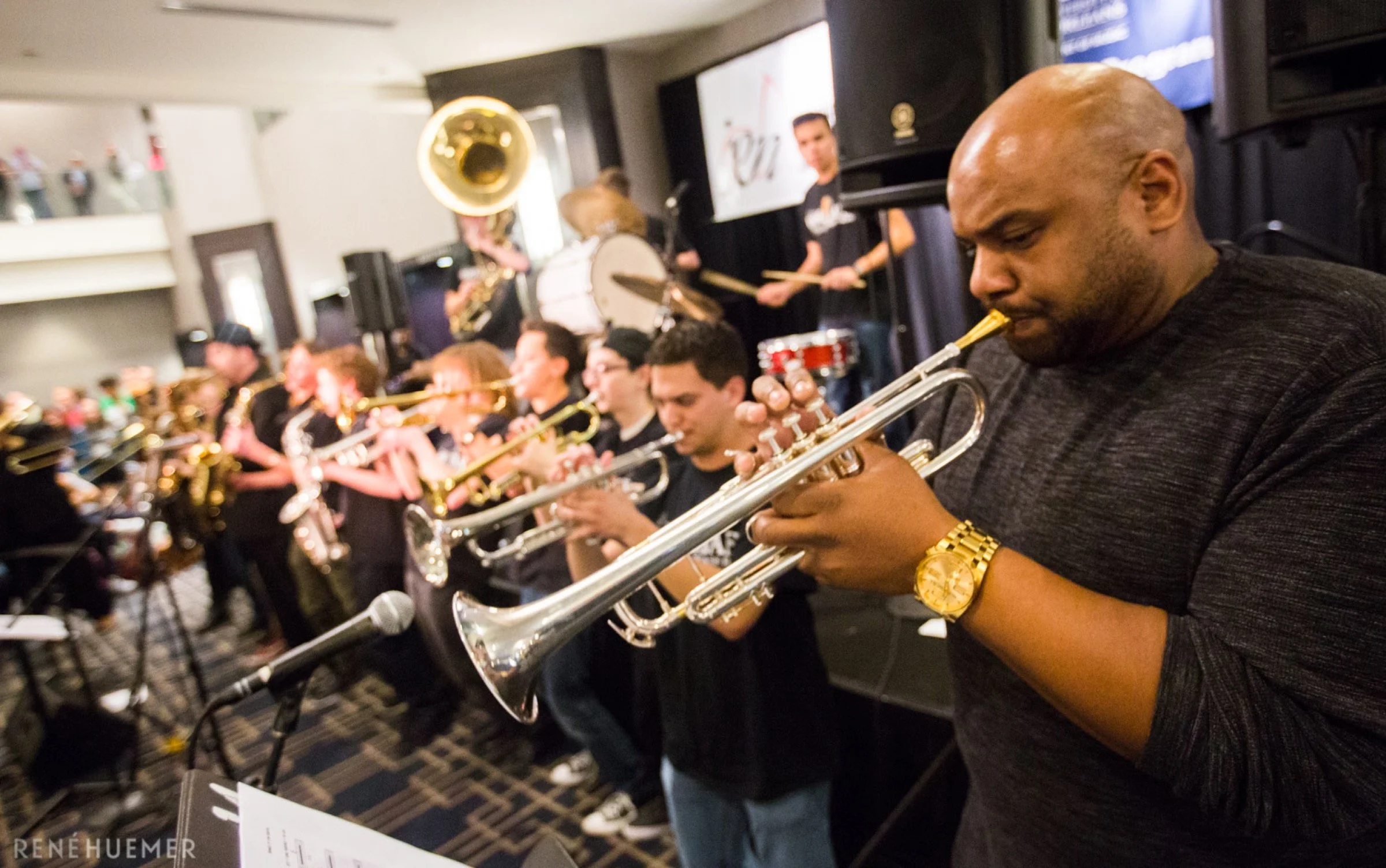 A visiting trumpet artist performing with the Soundhouse ensemble
