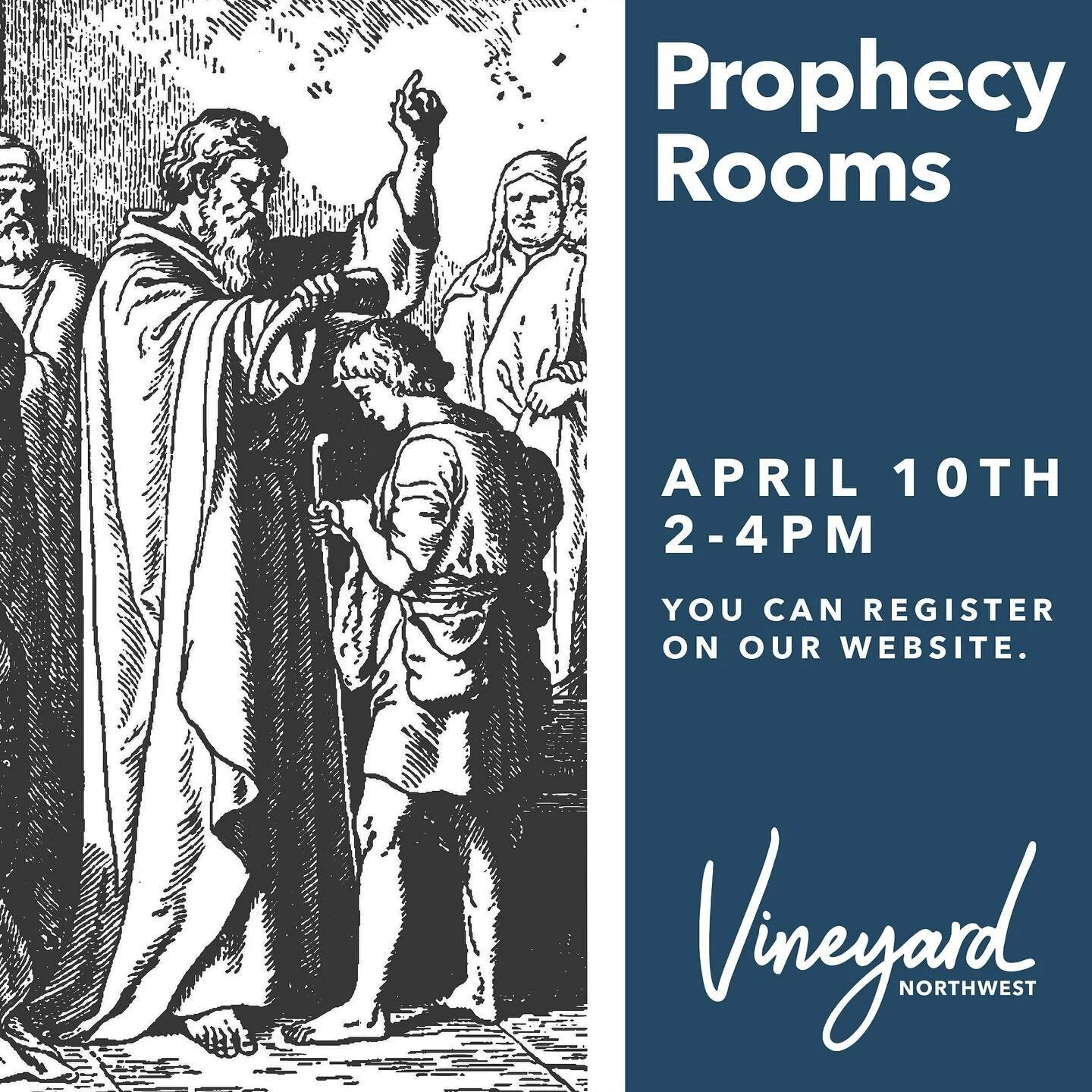 Prophecy Rooms are happening April 10th from 2pm - 4pm! This is an opportunity to receive 20 minutes of prophetic prayer and encouragement! Please register by March 31st on the website!
#Prophecy #ProphecyRooms #Prophetic #VineyardNorthwest #VNW