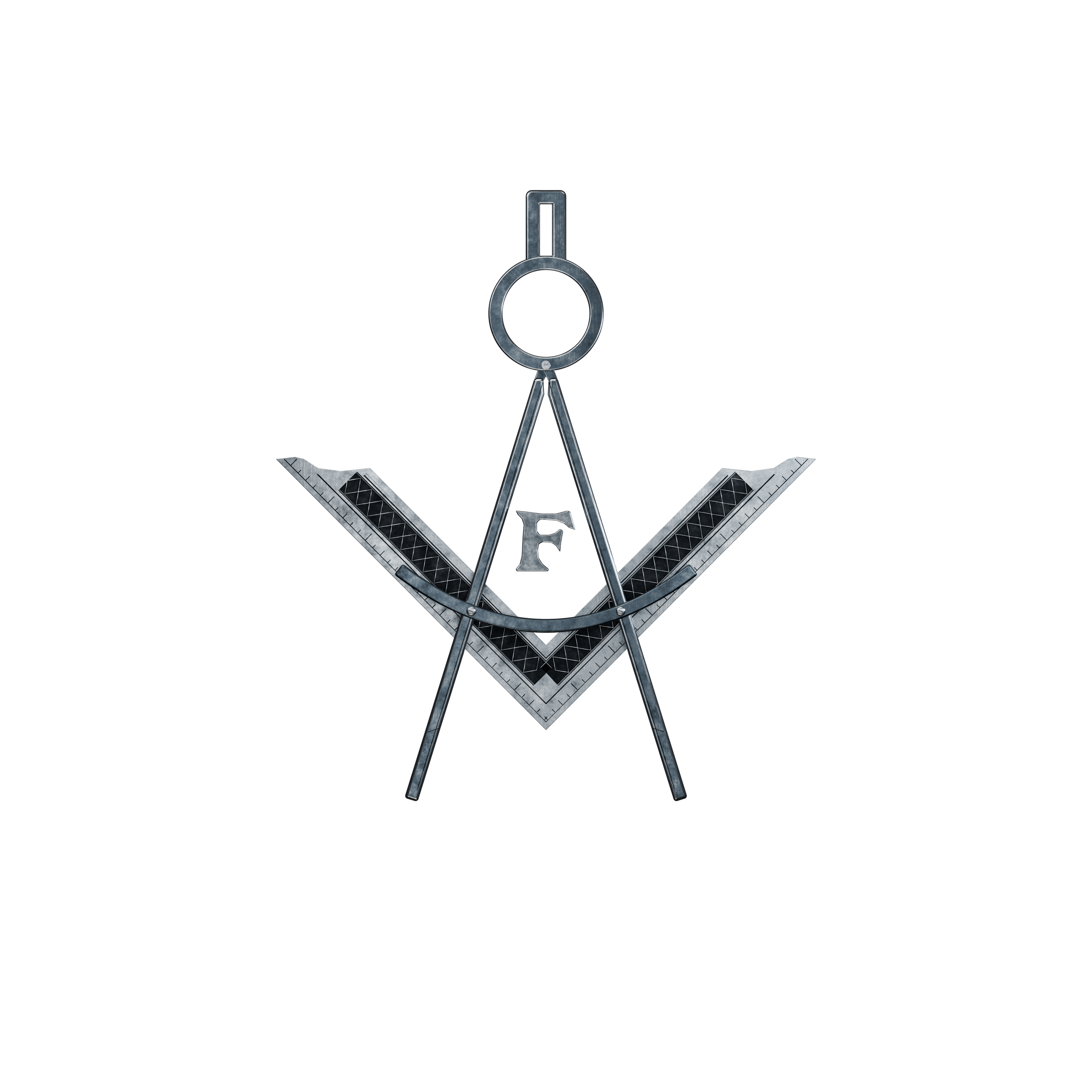 Freakmason emblem in aged metal: articulated compass, square, and F.
