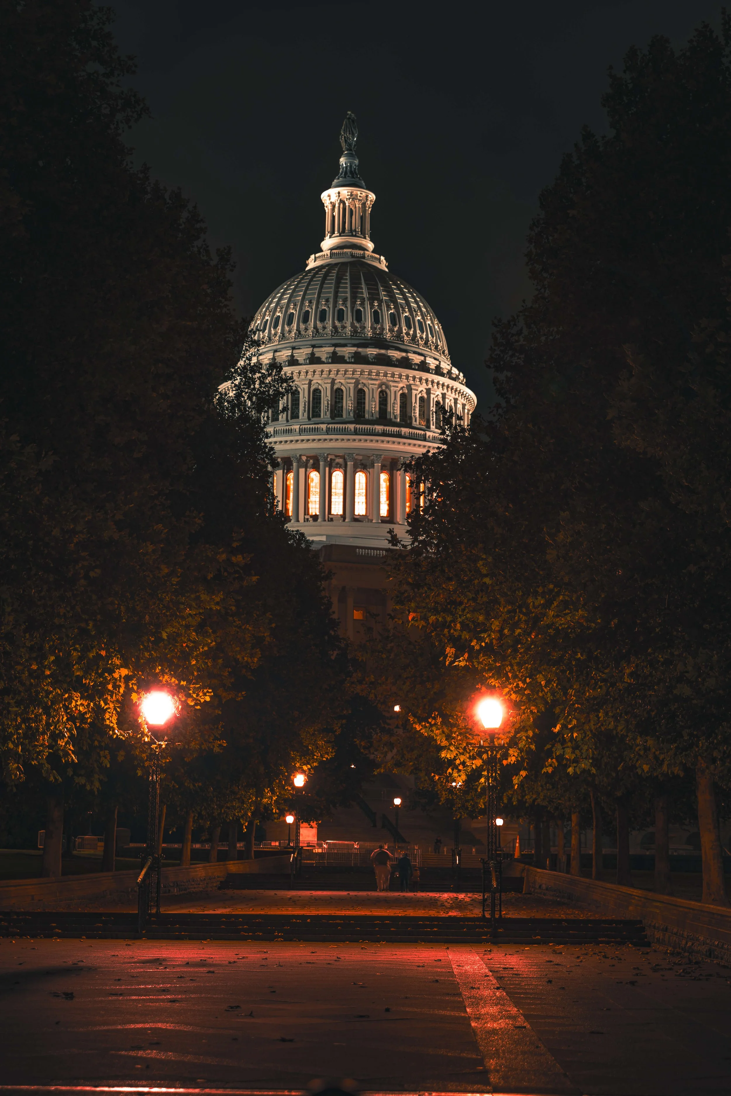 Nighttime view of the U.S. Capitol building with illuminated windows, framed by trees, and lit street lamps in the foreground.