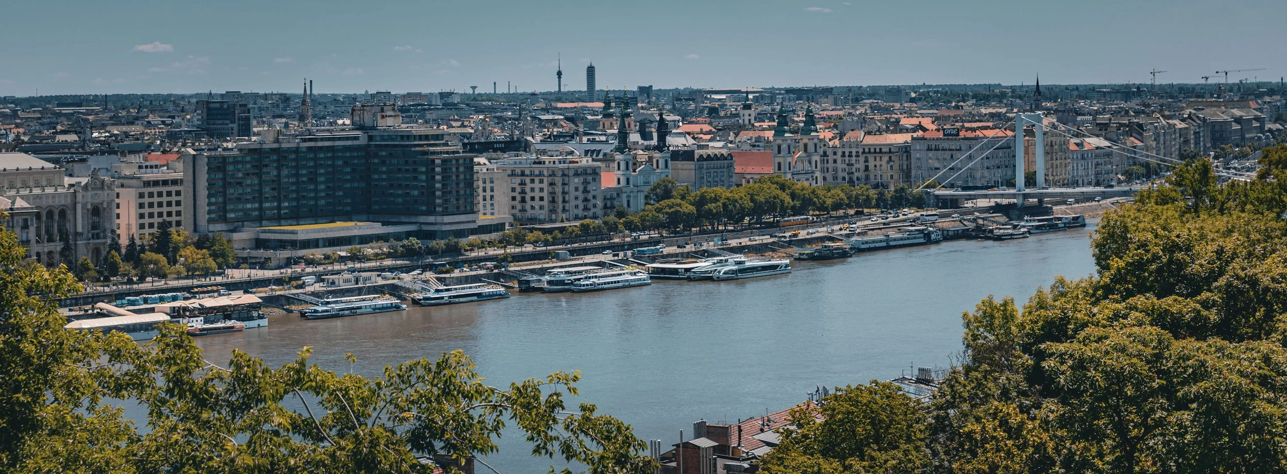 A city skyline featuring a river with docked boats, a modern bridge, and a mix of historic and modern buildings, with trees in the foreground.