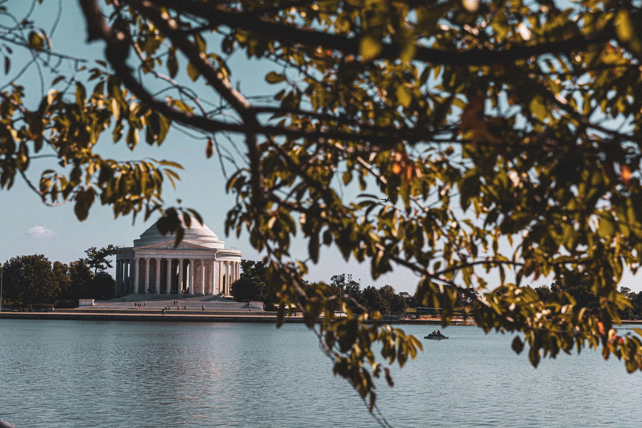 The Lincoln Memorial on the National Mall in Washington, D.C., seen across a body of water, with tree branches and leaves in the foreground.