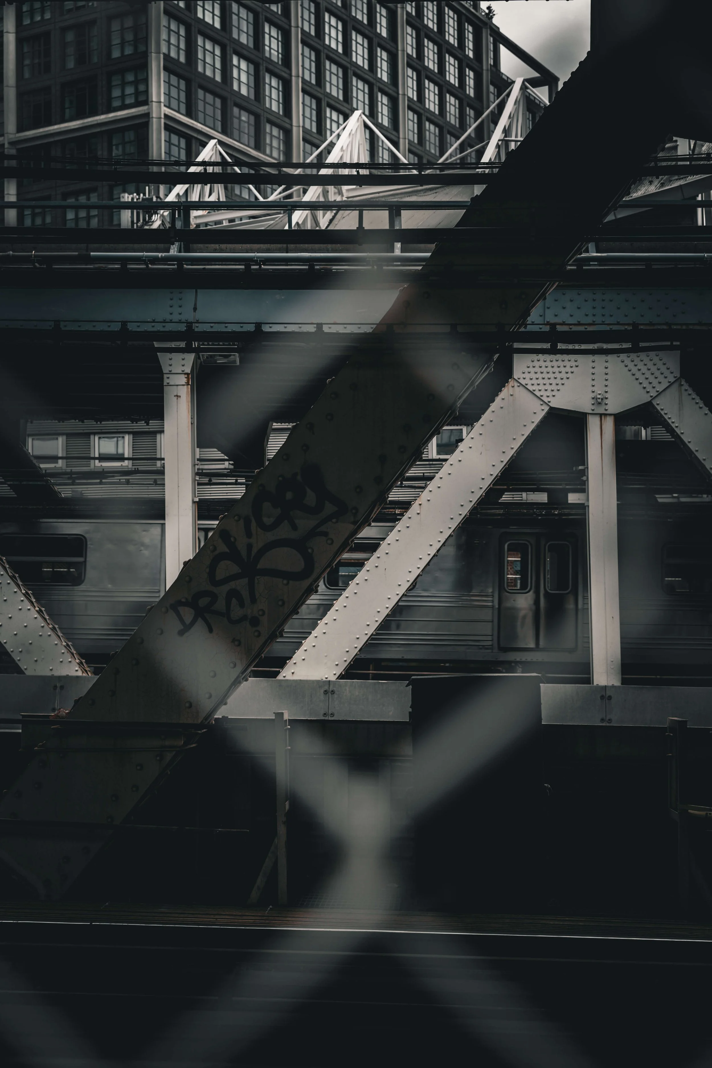 A train passing under an overpass in an urban area, with modern buildings in the background.