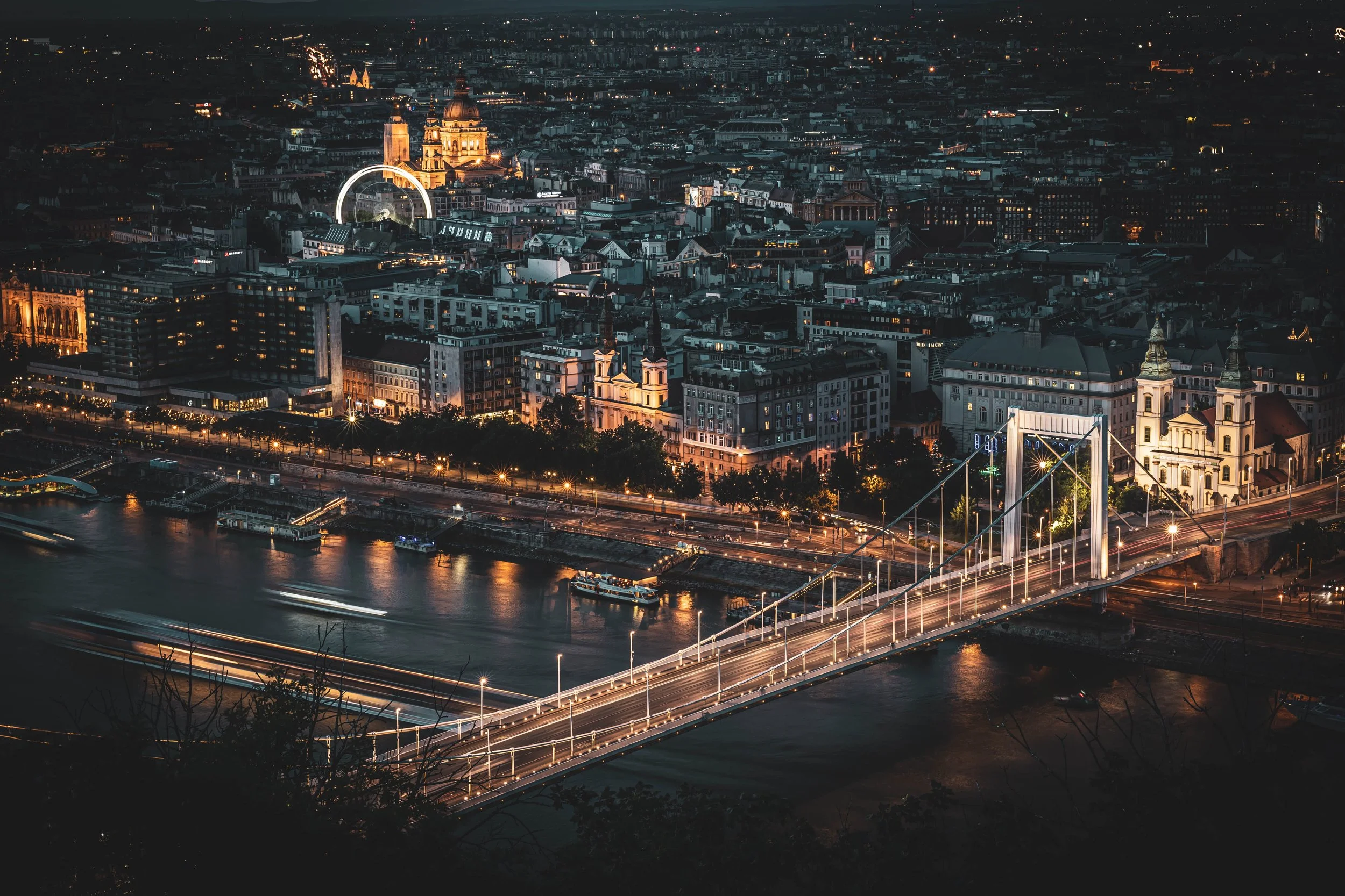 Night view of a city skyline with illuminated buildings, a ferris wheel, a bridge with lights, and a river below.