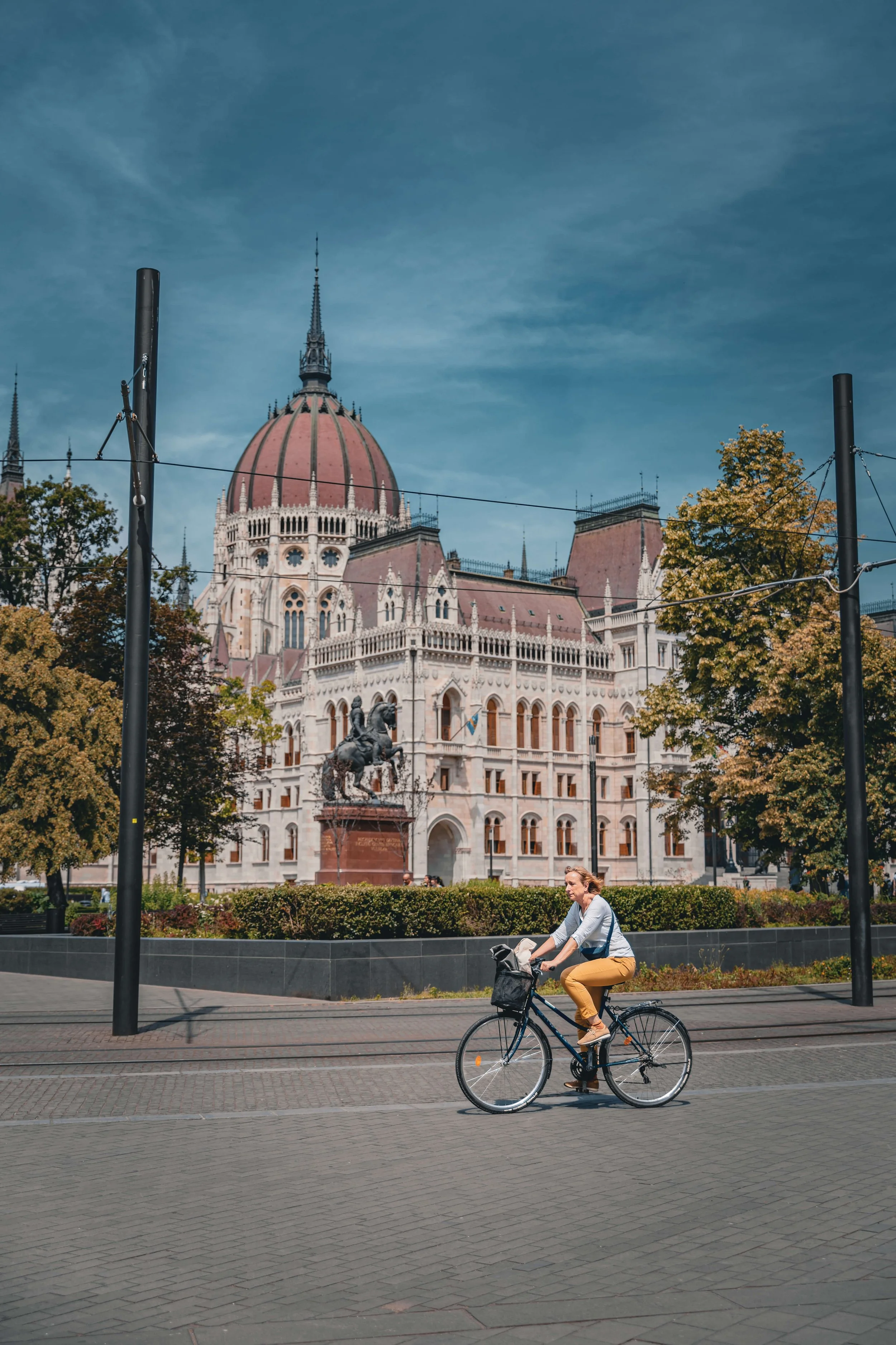 A woman riding a bicycle on a street in front of a historic building with a large dome, trees, and street poles.