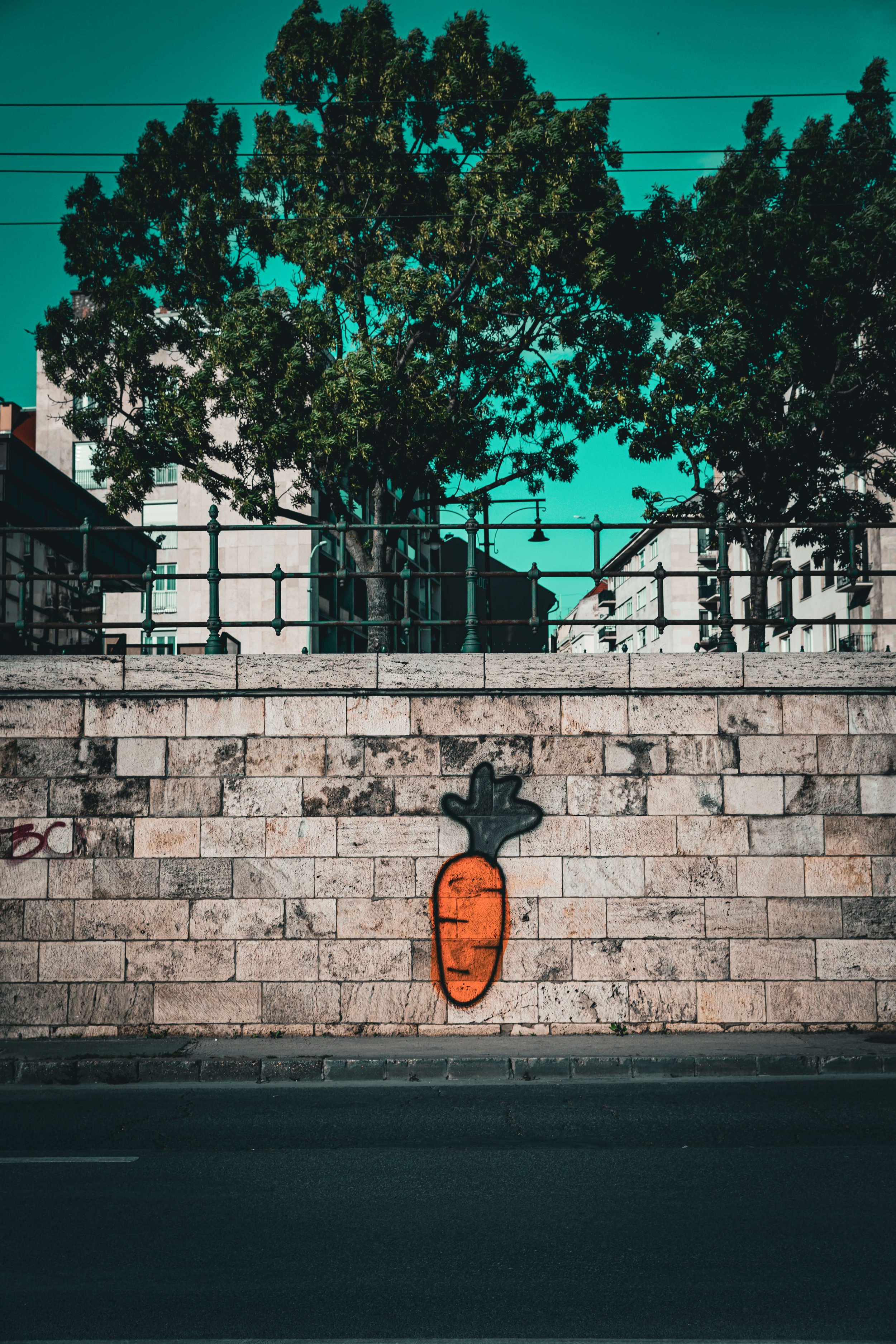 A graffiti of a carrot with a green leafy top painted on a brick wall, with buildings, trees, and power lines visible in the background.