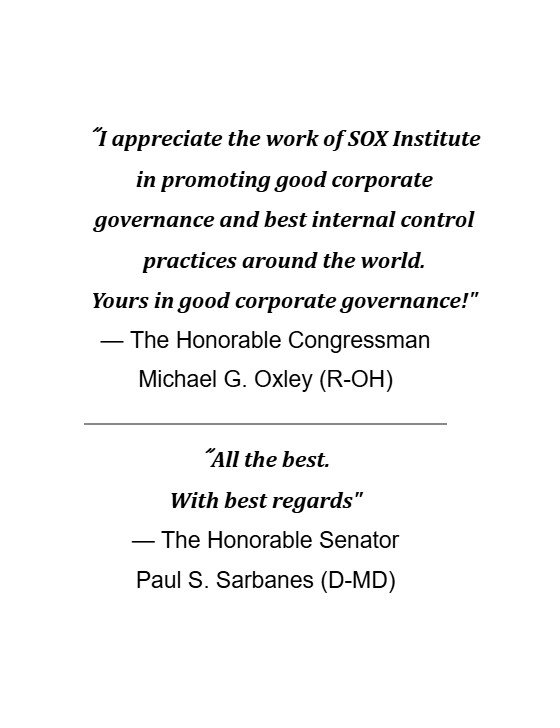 Messages for the press and for our founder from Congressman Oxley and from Senator Sarbanes respectively (coauthors of the Sarbanes-Oxley Act of 2002) c. 2007