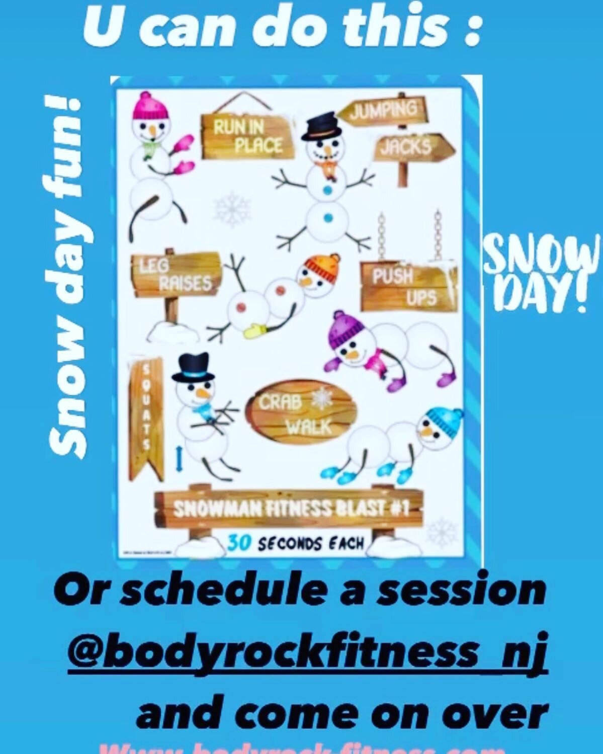 Snow day fun - come work out@ Body Rock Fitness Studio. New Month. New Goals. Schedule a session that will leave ur muscles sore and ur soul wanting more. If it ain&rsquo;t fun-ur doing something wrong in your routine 🙂. 
Www.bodyrock-fitness.com 
S