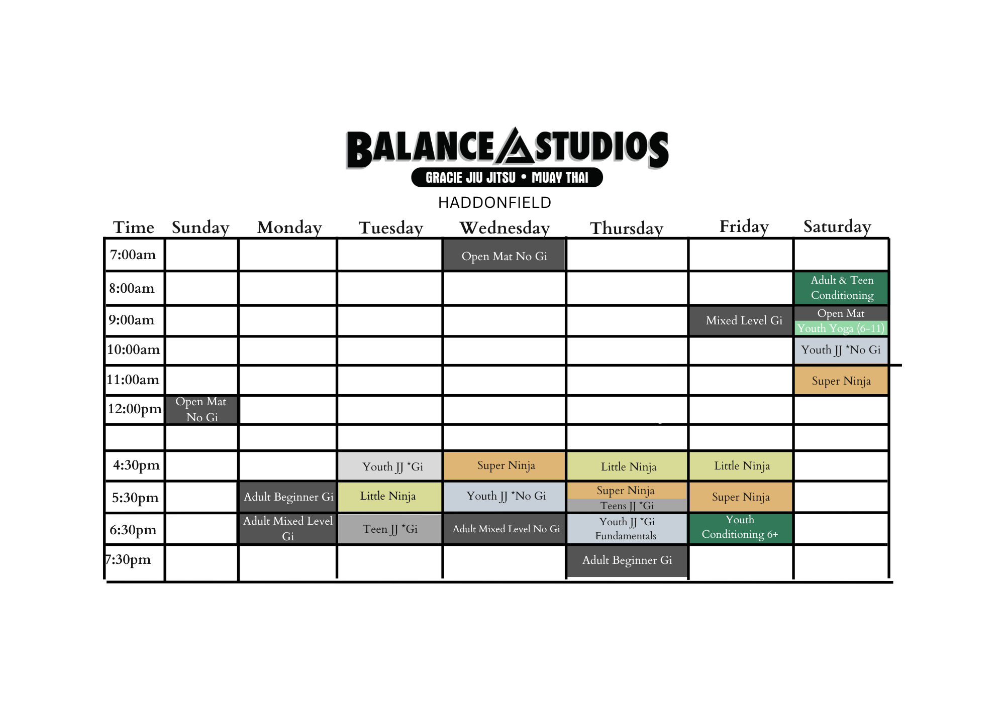 Weekly class schedule for Balance Studios Haddonfield featuring various martial arts sessions, including Gracie Jiu Jitsu and Muay Thai. Classes are categorized by level and age group, with offerings such as Little Ninja, Super Ninja, Youth JJ, Adult