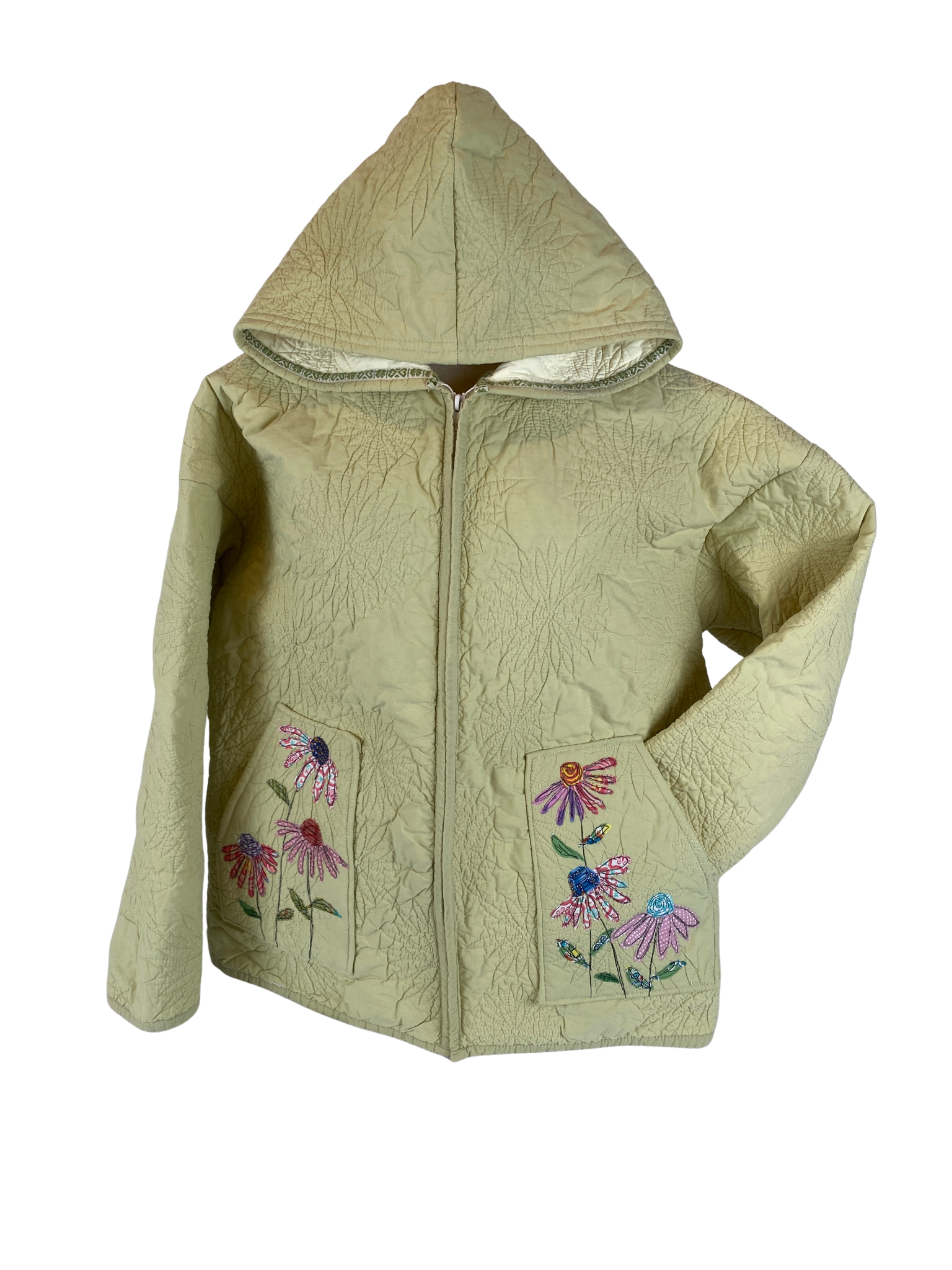 Repurposed Textile Hoodie - Embroidered Quilted Zip-Up