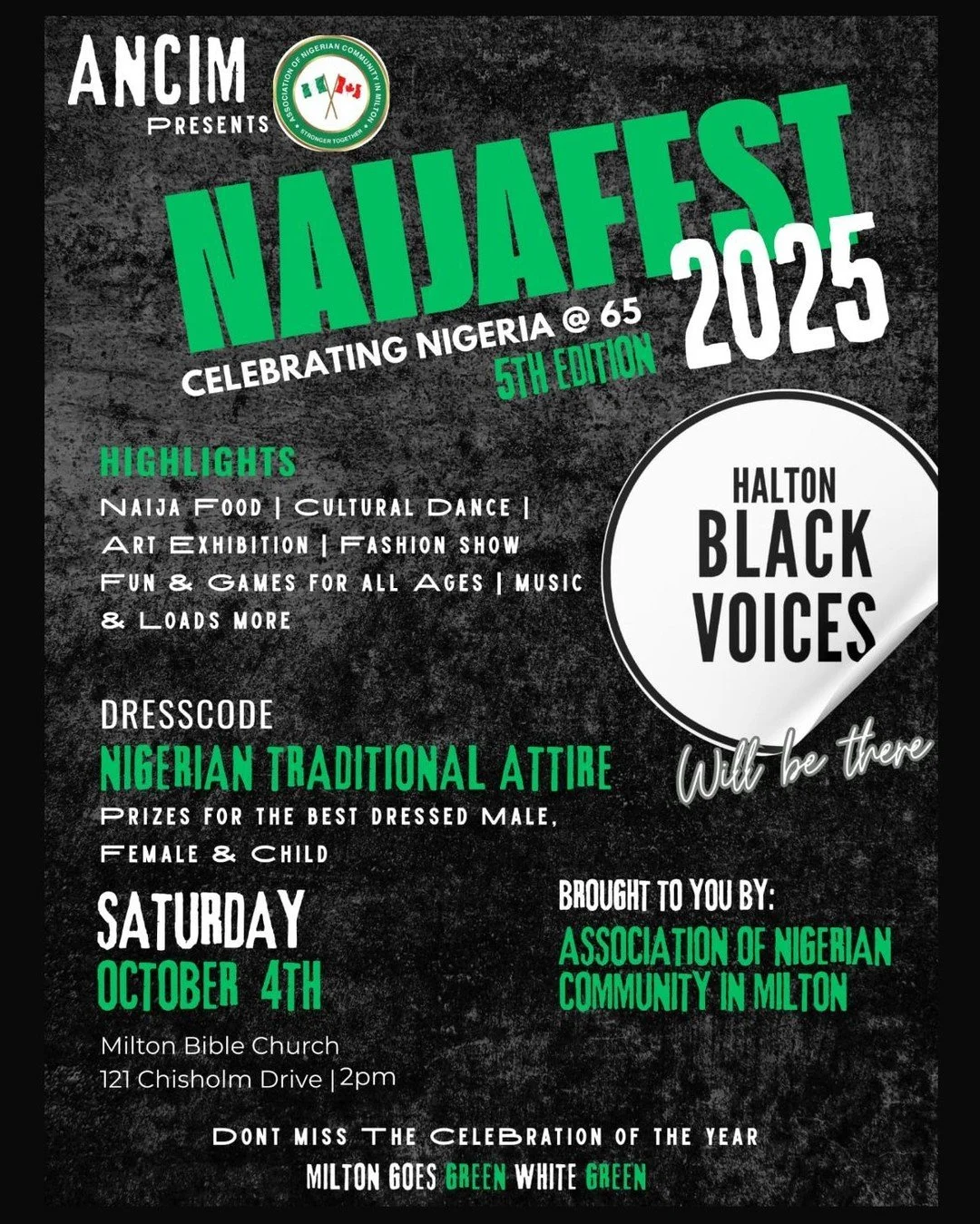 🎉 Get ready, Milton! 🎉

ANCIM&rsquo;s 5th Edition of NaijaFest is here &mdash; a vibrant celebration of Nigeria&rsquo;s Independence! 🇳🇬✨

🌶️ Mouthwatering Nigerian cuisine
💃 Electrifying cultural dancers
👗 Stunning traditional attire showcase
