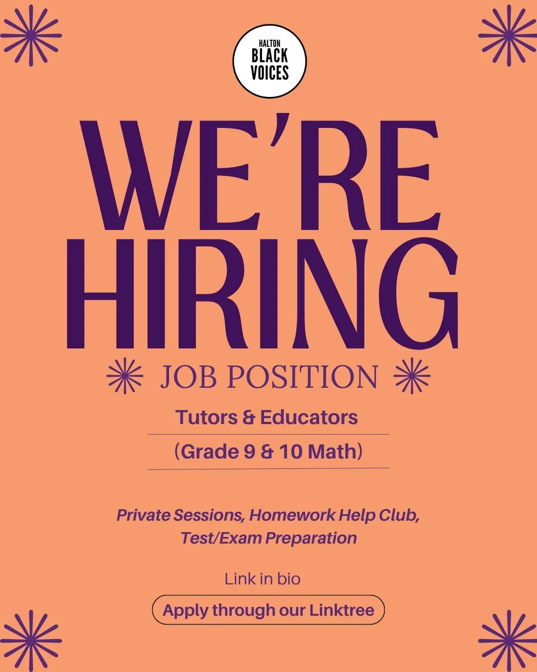 📣 Now Hiring: Tutors &amp; Educators (Math, Grades 9+)

Halton Black Voices is looking for passionate and equity-driven educators to join our Equity Learning Space team this fall! 🍎✨

If you believe in creating inclusive learning environments where