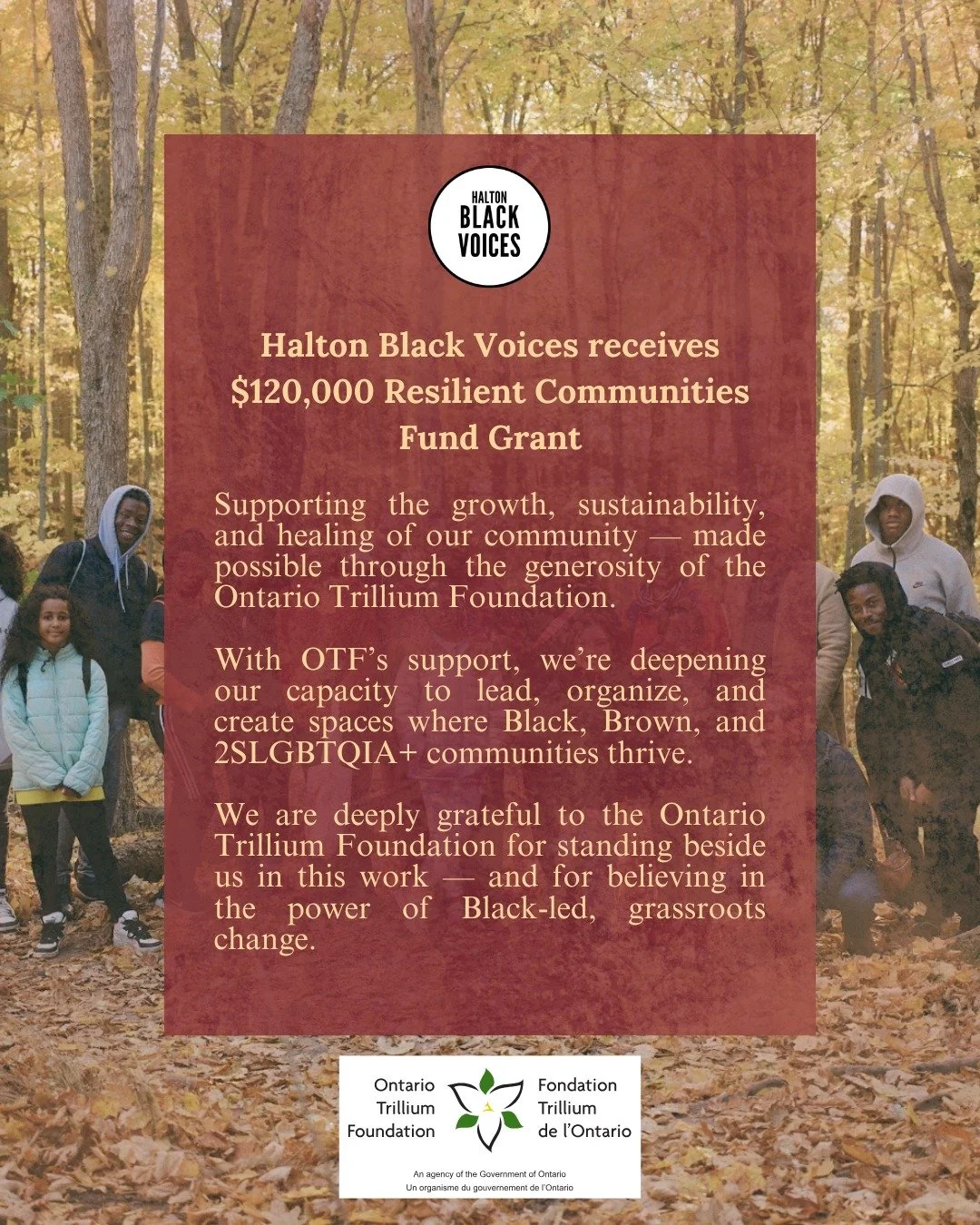 🌟 We are deeply grateful to the Ontario Trillium Foundation (OTF) for their generous $120,000 Resilient Communities Fund grant! 🌟

This support allows Halton Black Voices (HBV) to strengthen our capacity, deepen our community programming, and conti