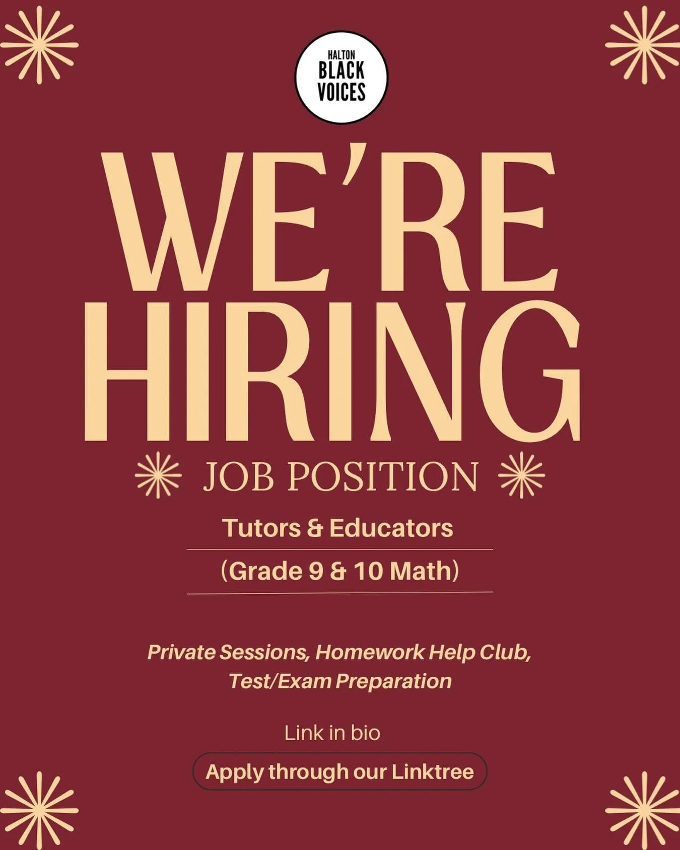 📣 Now Hiring: IN-PERSON Tutors &amp; Educators (Math, Grades 9+)

Halton Black Voices is looking for passionate and equity-driven educators to join our Equity Learning Space team this fall! 🍎✨

If you believe in creating inclusive learning environm