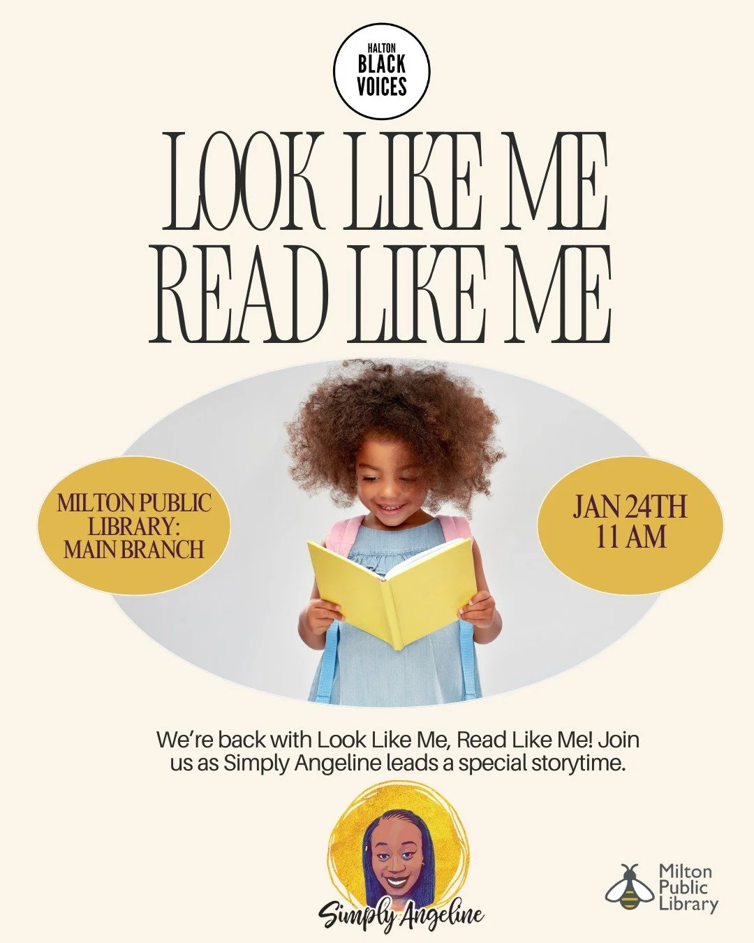 📚✨ Look Like Me, Read Like Me!
The first Look Like Me Read Like Me of 2026! We&rsquo;re excited to welcome Simply Angeline, who will be joining us for a special storytime!

📅 Saturday, January 24
🕚 11:00 AM &ndash; 1:00 PM
📍 Main Public Library &
