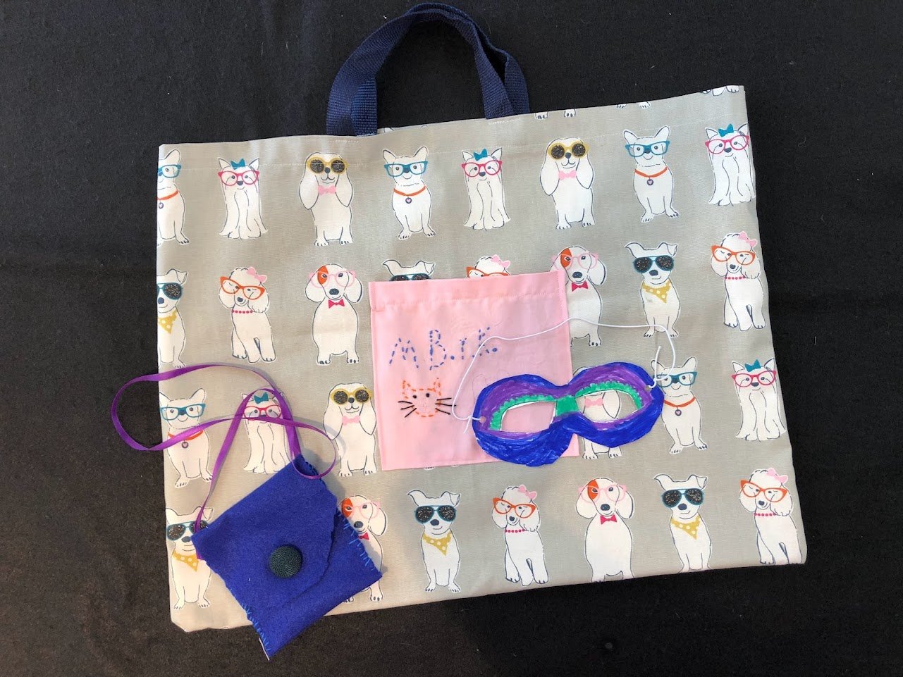 BK's Tote with embroidered pocket, Pocket Pouch, and Eye Mask