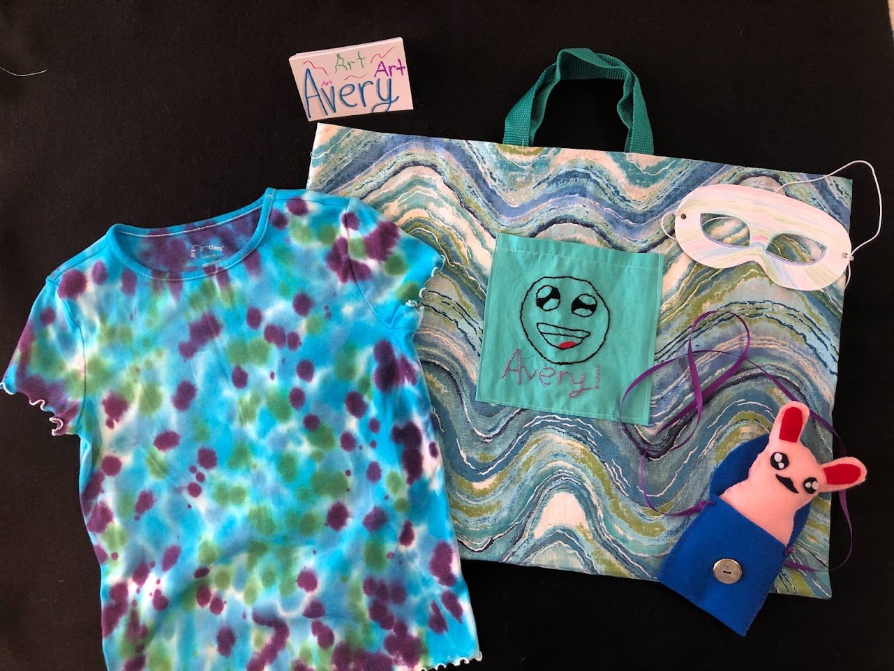 AL's Tie-dye shirt, Tote with embroidered pocket, Pocket Pouch, and Eye Mask