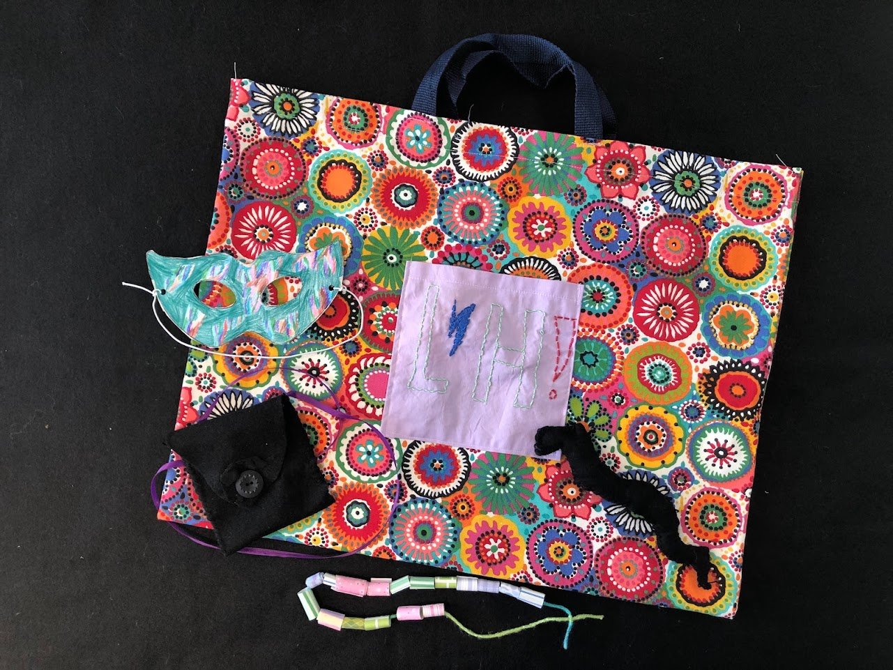 LH's  Tote with embroidered pocket, Pocket Pouch, Eye Mask, and Paper Bead necklace