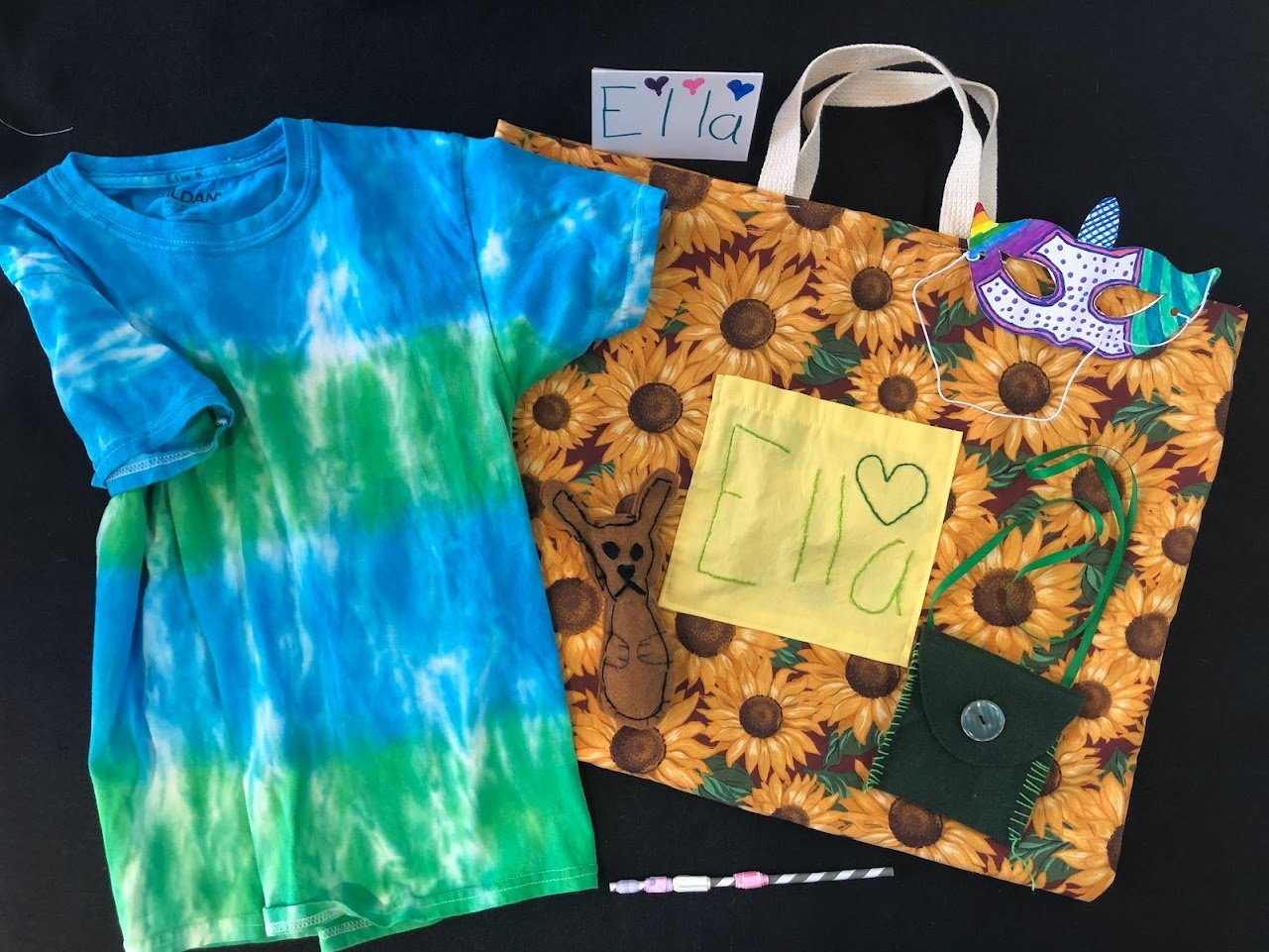 ER's Tie-dyed shirt, Tote with embroidered pocket, Pocket Pouch, and Eye Mask