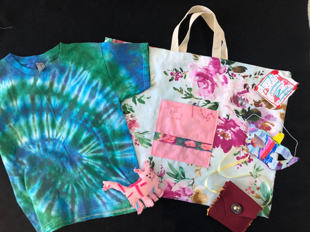 EH's  Tie-dye shirt, Tote with embroidered pocket, Pocket Pouch, and Eye Mask