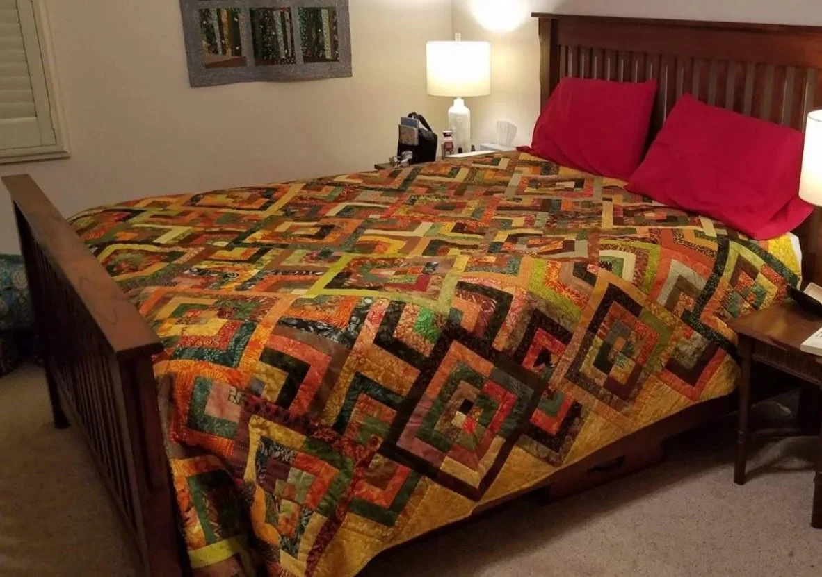 "Chaos Squared" (Queen size) on bed
Designed and Created by Hilary Cannon Anderson for A&C Anderson
Bloomington IN
September 2018-December 2019
In the collection of A&C Anderson