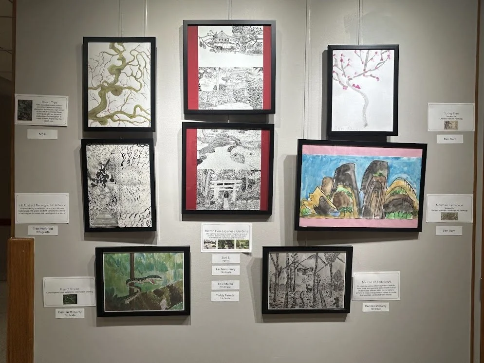 Library Exhibit 2026 Adventures in Art  Micron Pen Japanese Gardens MDP Cybersigalism Beech Tree TW Ink artwork, DM Snake and Micron pen Landscape, DS Chinese Ink Painting style Mountains and Cherry Tree.jpg